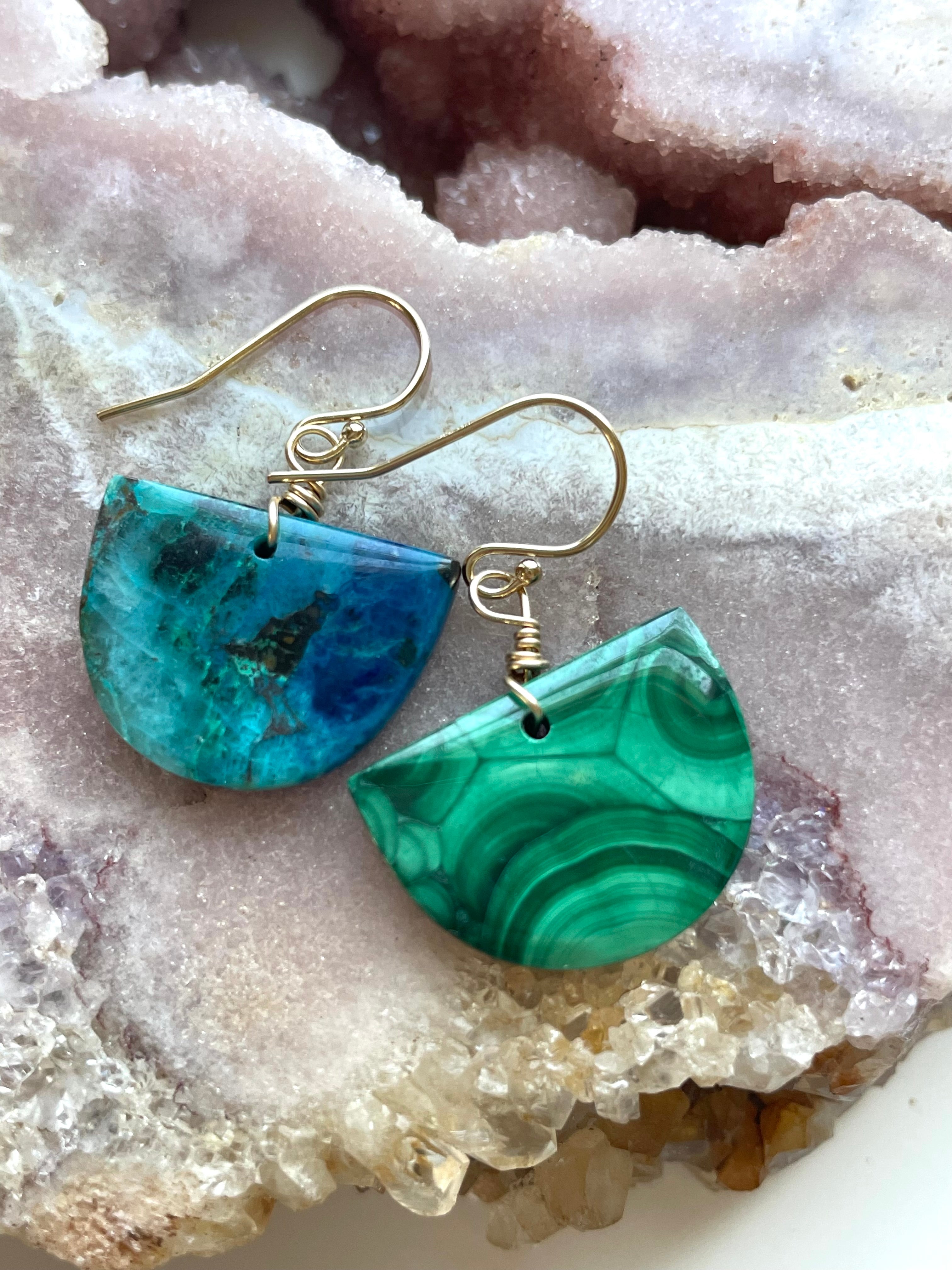 Unique Mismatched Earrings - Malachite & Chrysocolla Gemstone Dangle Earrings for Women | Boho Chic Jewelry for Parties, Weddings & Everyday Wear