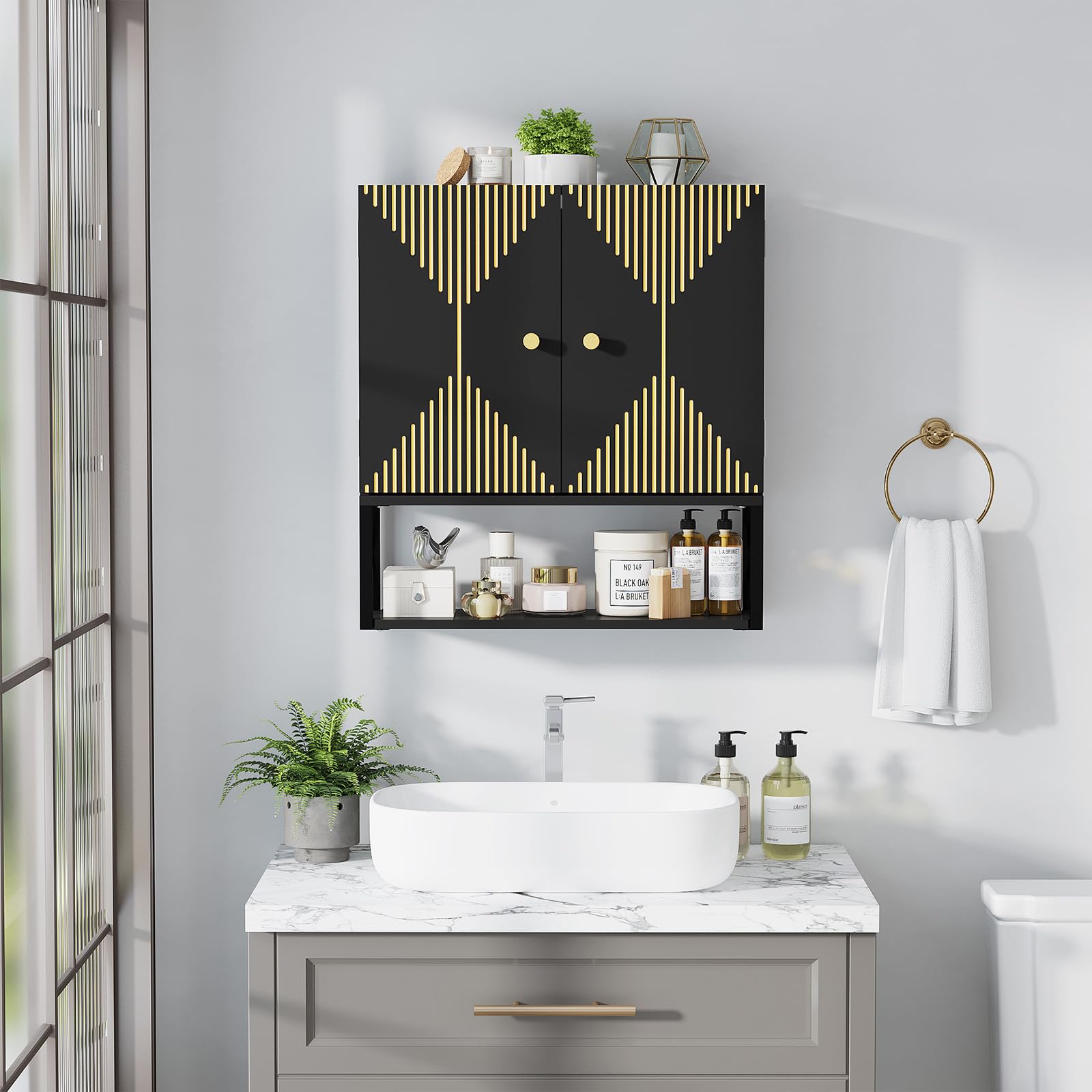 Premium Wall Mount Bathroom Cabinet - Over The Toilet Storage with 2 Doors & Open Shelf, Space-Saving Medicine Cabinet for Bathroom, Laundry Room & Kitchen Organization