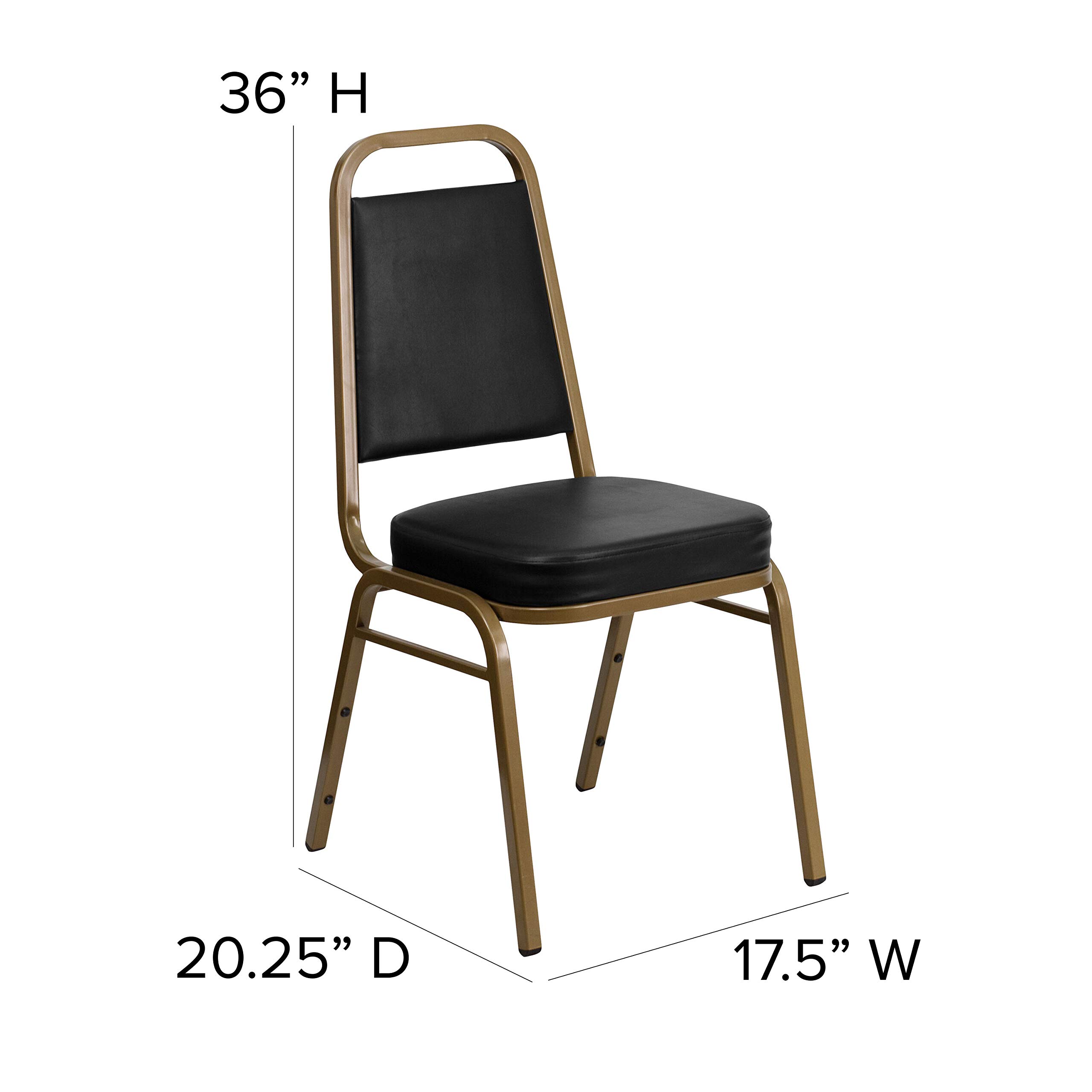 4 Pack Black Vinyl Trapezoidal Stacking Banquet Chairs with Gold Frame - Perfect for Weddings, Events, and Conference Room Seating