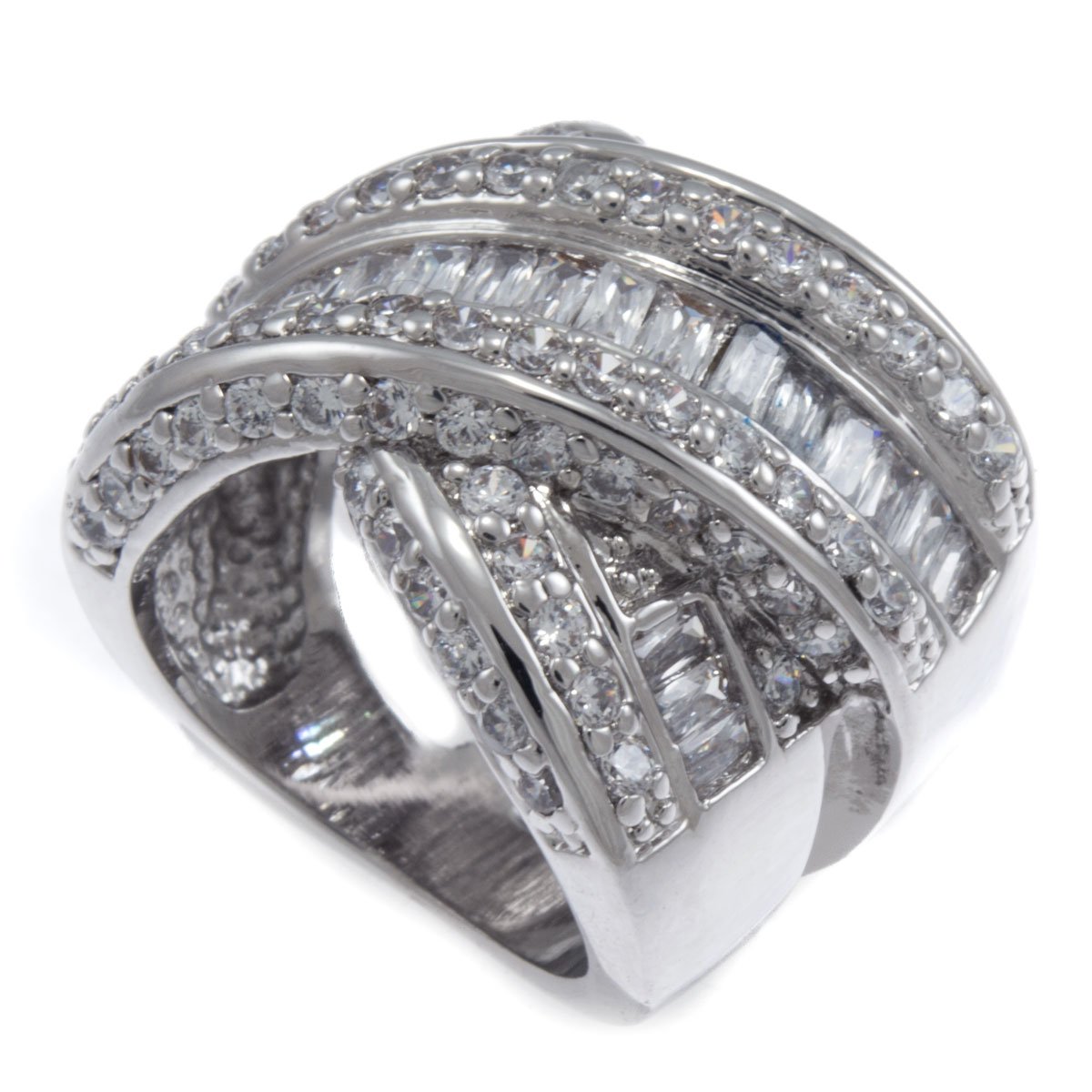 Rhodium Plated Bling Iced Criss-Cross Glamorous CZ Stone Women's Ring RL104 - Elegant Jewelry Gift for Her, Perfect for Parties, Weddings & Special Occasions