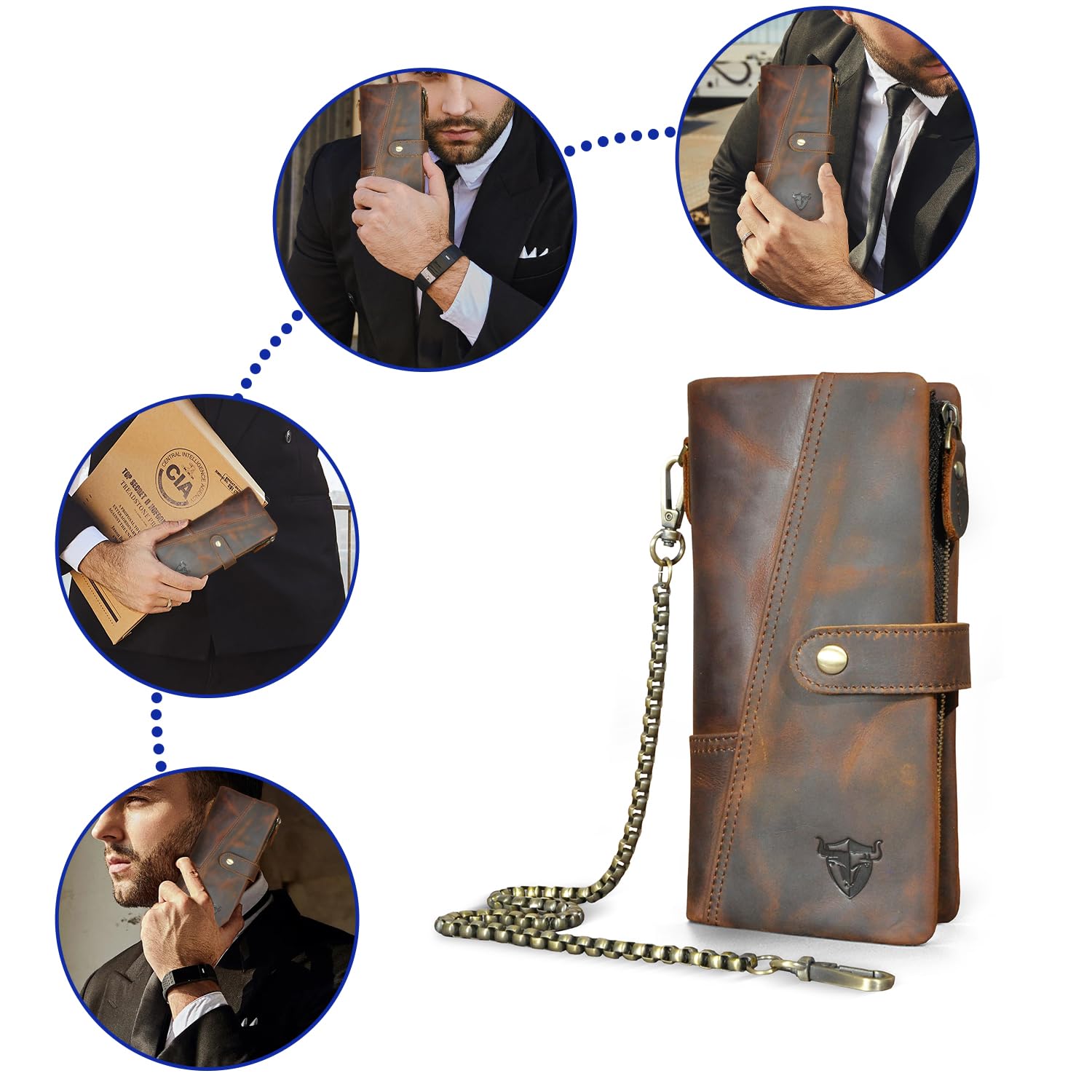 Authentic Crazy Horse Leather RFID Blocking Wallet for Men - Slim Travel Card Holder with Snap Closure & Detachable Chain - Perfect for Everyday Use, Business Trips, and Gift Giving (1803 Brown)