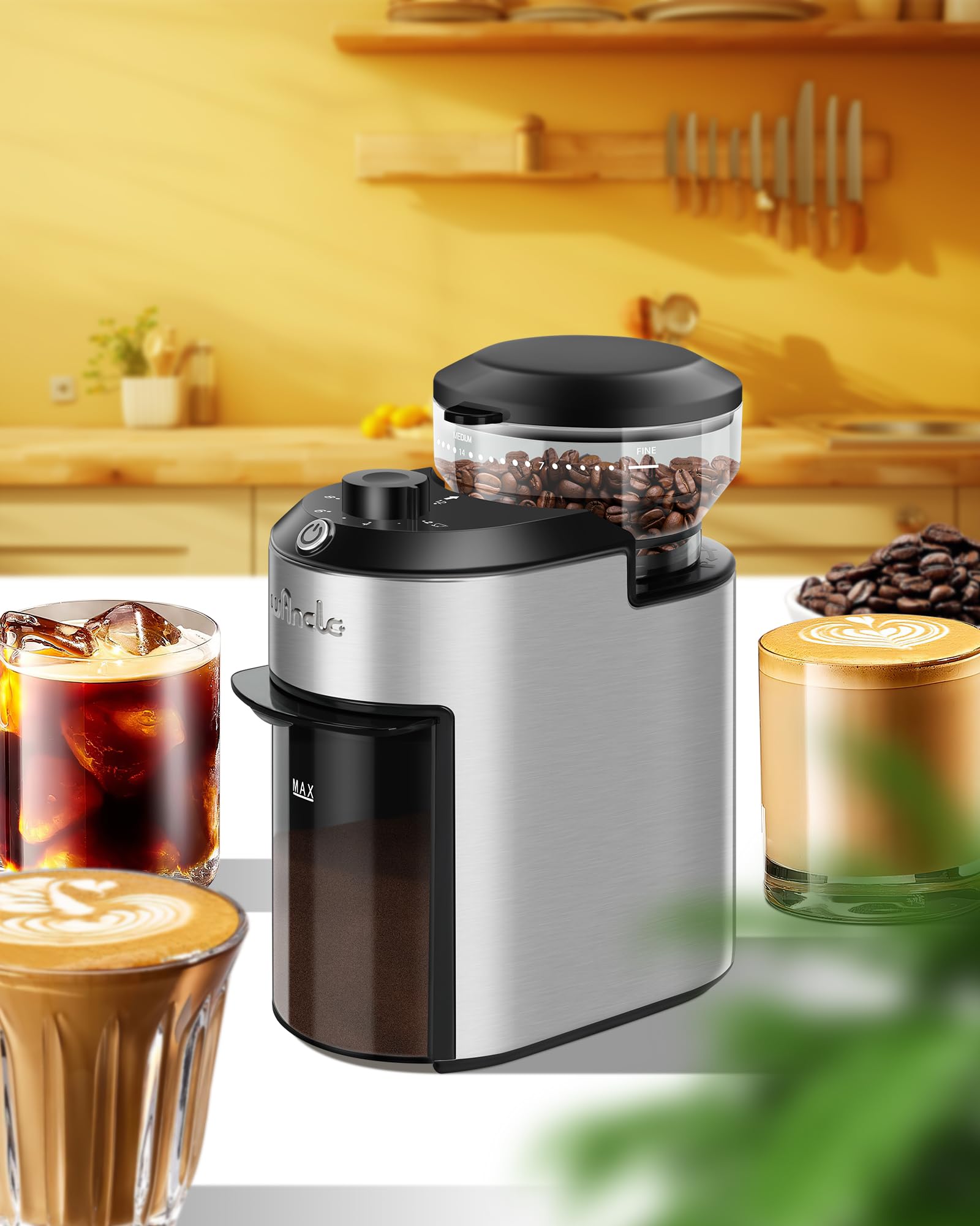Premium Wancle Electric Burr Coffee Grinder - 200W Power with 28 Precise Grind Settings, Overheat Protection & 2-12 Cup Capacity | Compact Stainless Steel Design for Home, Office & Travel Use | Perfect for Espresso, French Press & Drip Coffee Makers