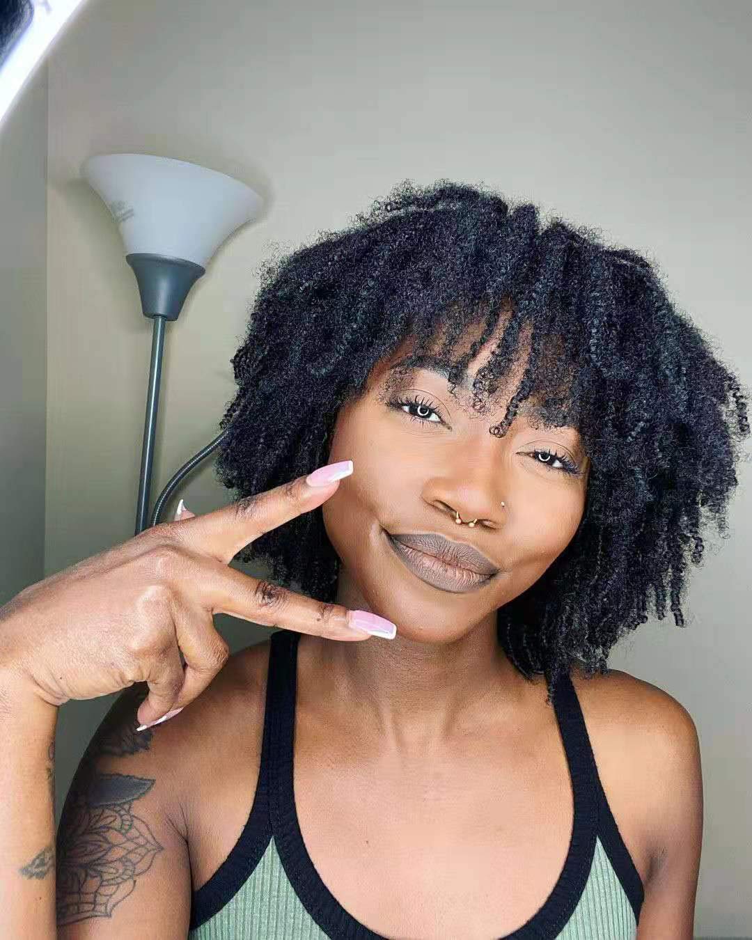 Kinky Curly Glueless Lace Front Human Hair Wig with Bangs - 3C 4A Coily Brazilian Remy Hair - 150% Density Full Machine Made - Perfect for Daily Wear, Cosplay & Special Occasions