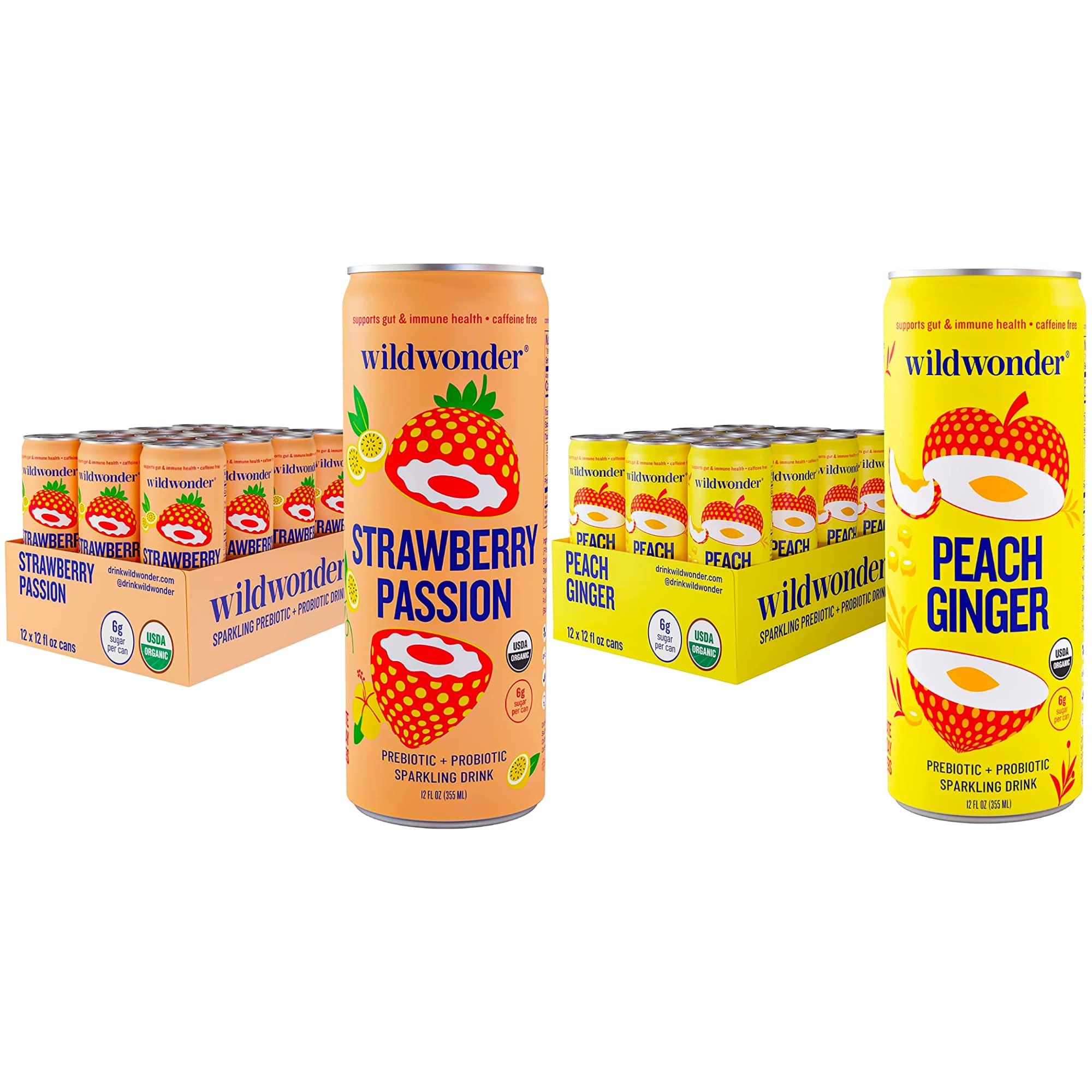 Wildwonder Sparkling Probiotic Juice Drink - Gut Health, Immunity & Digestion Support with 5g Fiber & Live Probiotics | Caffeine-Free, Organic, Vegan, Low Sugar & Low Calorie | 12-Pack 12oz Cans | Perfect for Gut Health, Weight Management & Daily Wellness Routine