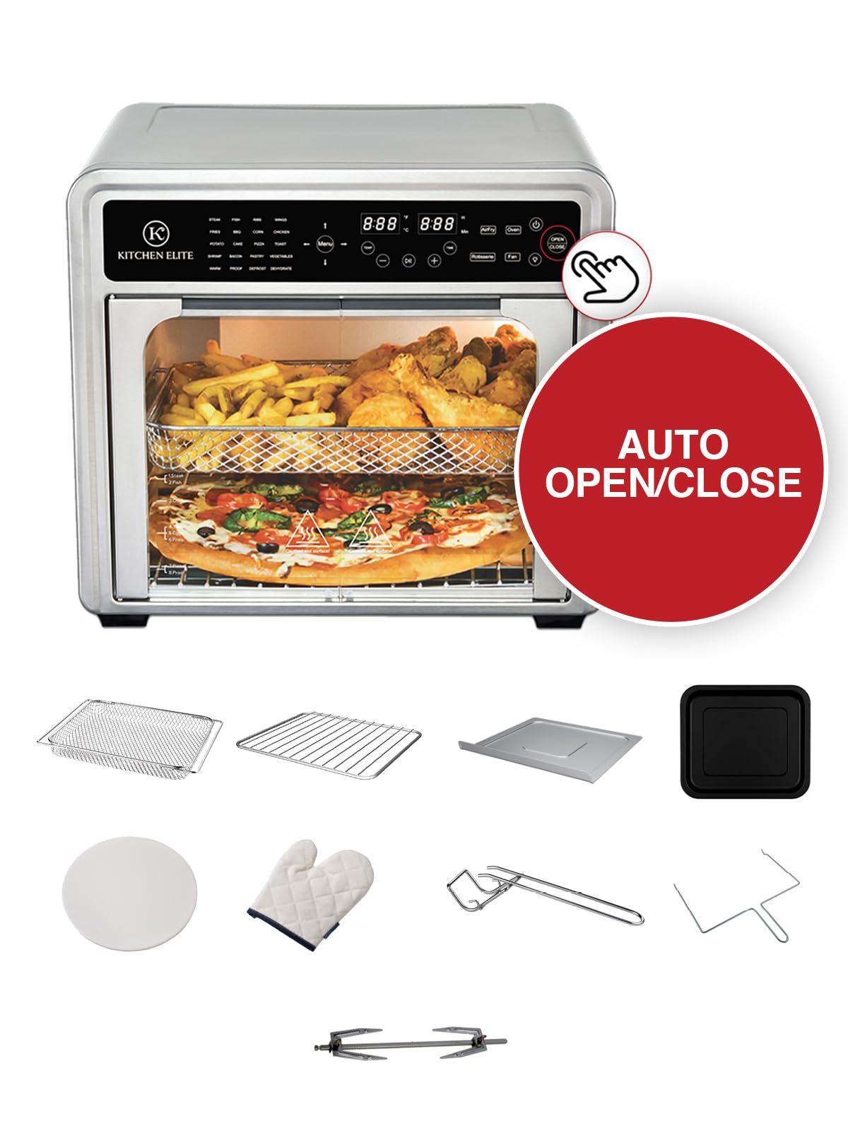 30QT French Door Air Fryer Oven - 20-in-1 Multi-Function Convection Toaster Oven with Touch Control, Rotisserie & Dehydrator | 5 Heating Elements up to 450°F | Includes Pizza Stone & 9 Accessories | Perfect for Baking, Roasting, Air Frying & Meal Prep in Home Kitchen
