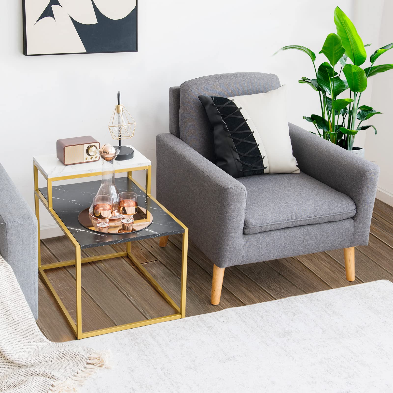 Giantex Gold End Table with Faux Marble Top - Adjustable Foot Pads & Storage Shelf - Modern Side Table for Living Room, Bedroom, Office - Easy Assembly - Perfect for Coffee, Books & Decor Display