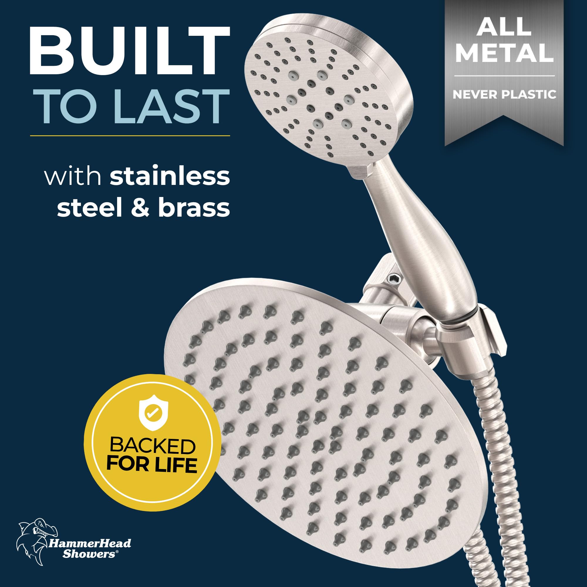 HammerHead Showers® All Metal Dual Shower Head Combo - Brushed Nickel - 8 Inch Rainfall High Flow Shower Head & 3-Setting Handheld Shower with 6ft Hose - High Pressure Luxury Bathroom Upgrade for Spa-Like Experience