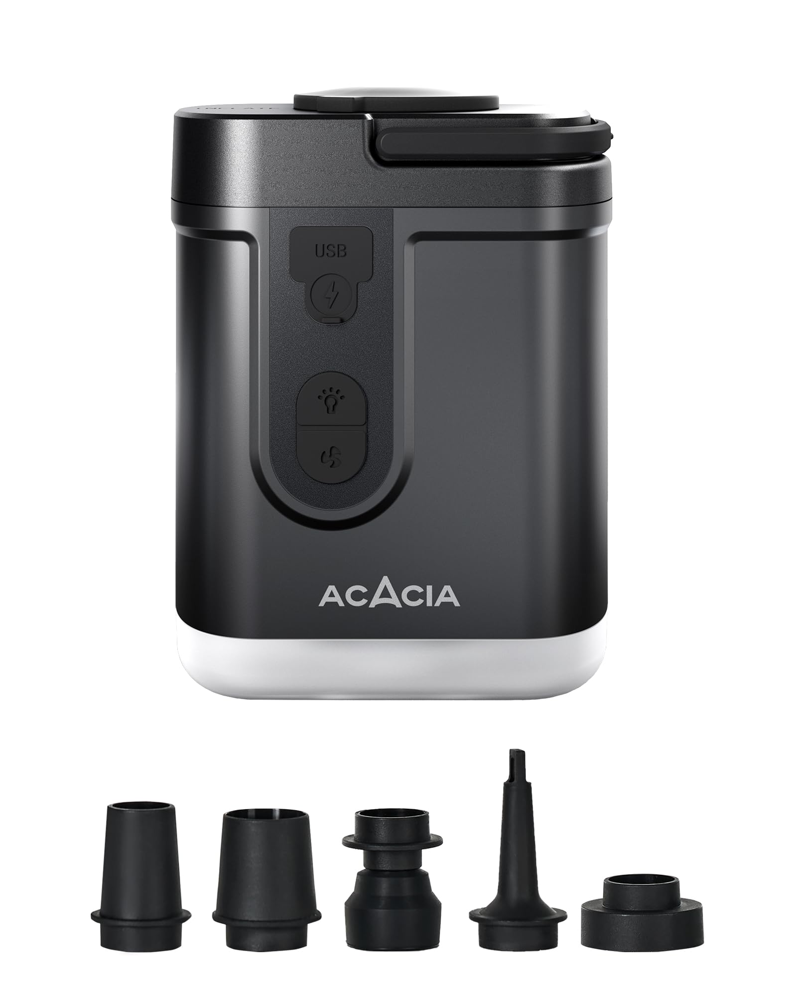 ACACIA Portable Electric Air Pump for Sleeping Pads & Air Mattresses - 4000mAh Rechargeable Battery, Built-in Camping Light with 5 Nozzles (4.8kPa) - Perfect for Camping, Hiking, Pool Floats, Inflatable Beds & Outdoor Adventures