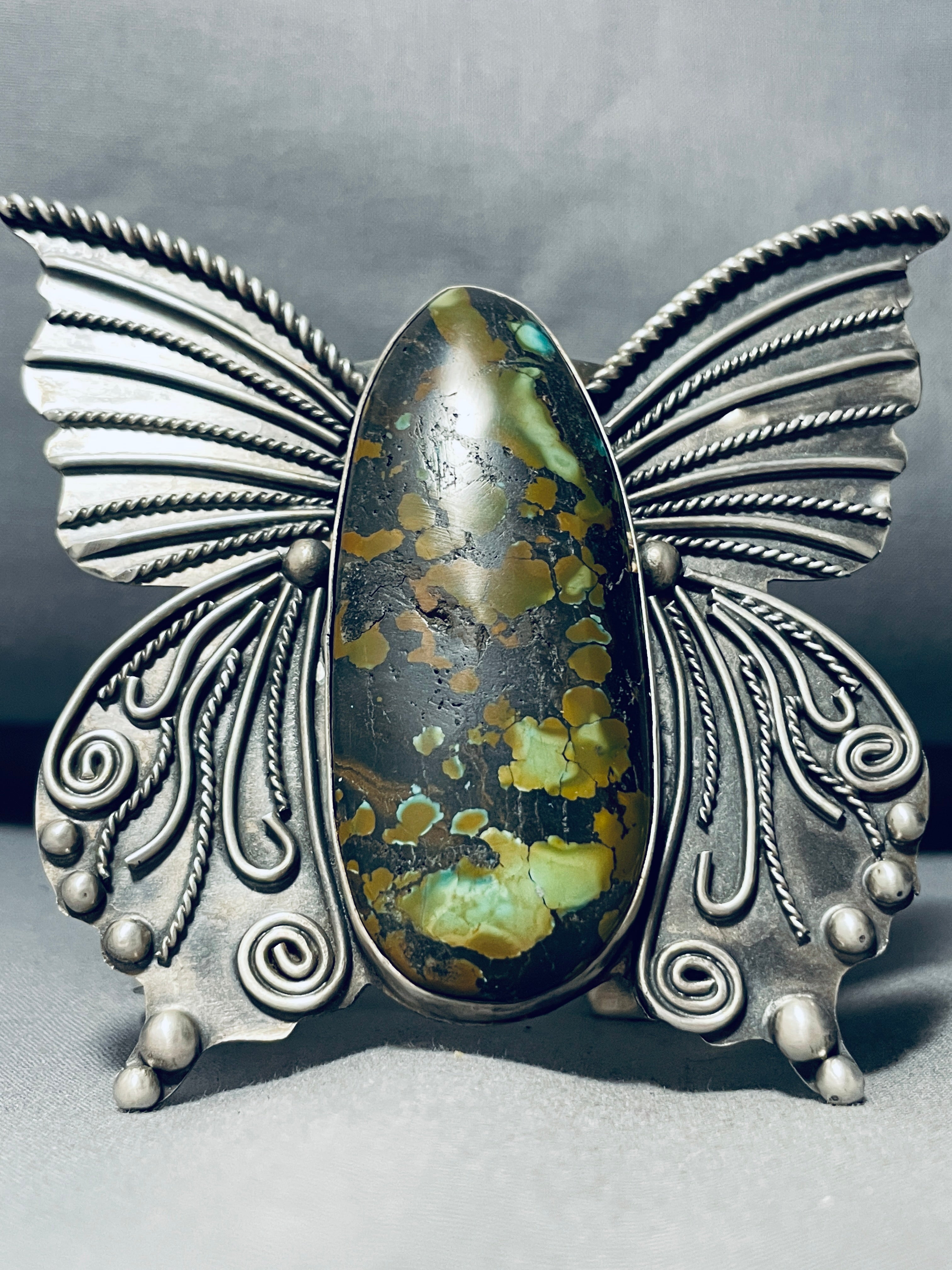 184g Authentic Navajo Sterling Silver Butterfly Bracelet with Green Turquoise – Handmade Native American Jewelry for Women, Perfect for Gifts, Boho Fashion & Special Occasions