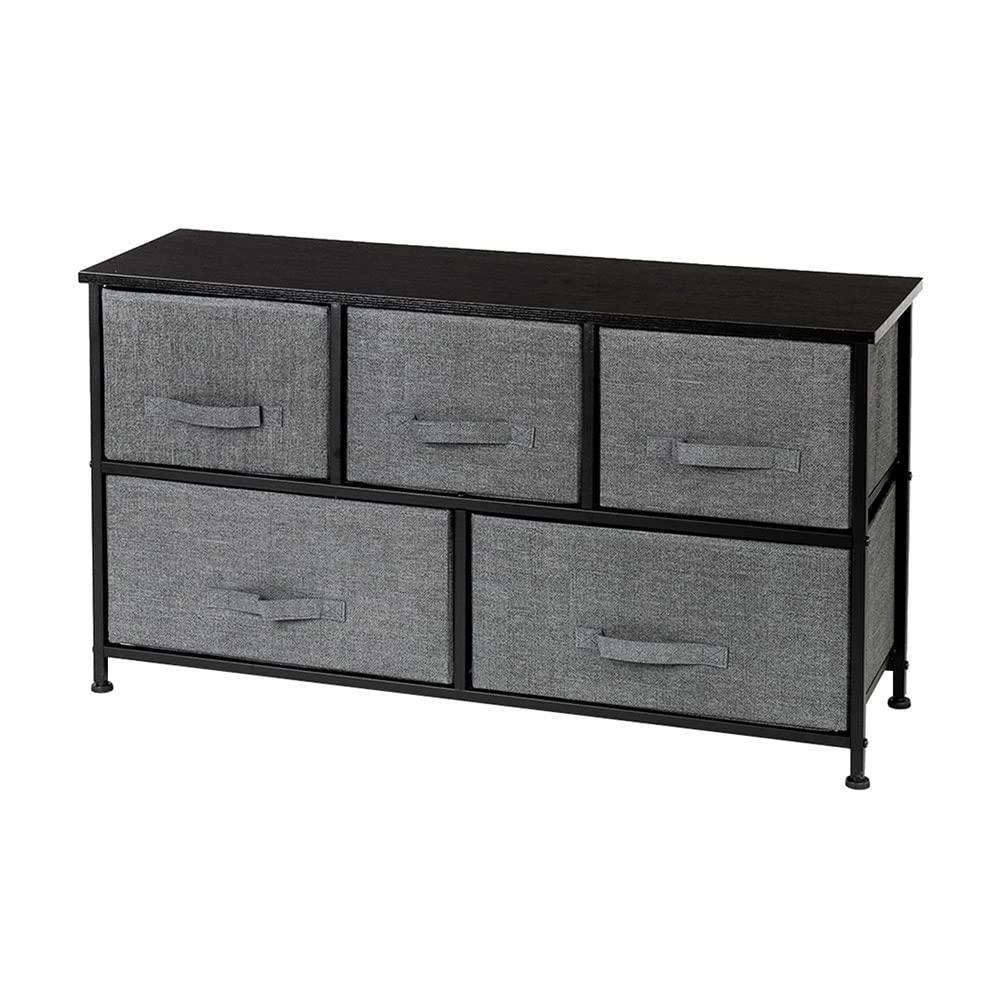 Black Wood Grain Dresser with Iron Frame & 5 Drawers - Perfect for Bedroom Storage