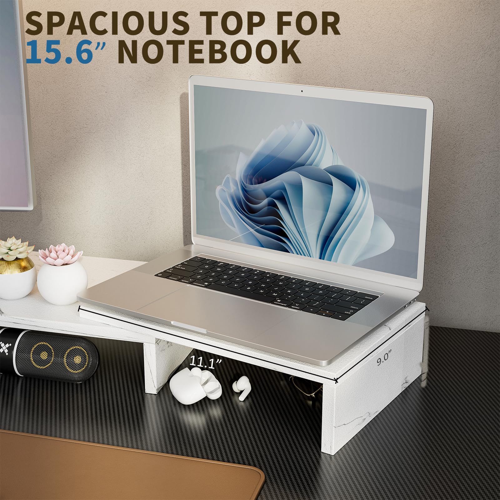 Adjustable Dual Monitor Stand with 2 Slots - Ergonomic Desktop Shelf for PC & Laptop (White Faux Marble) - Perfect for Home Office & Gaming Setup
