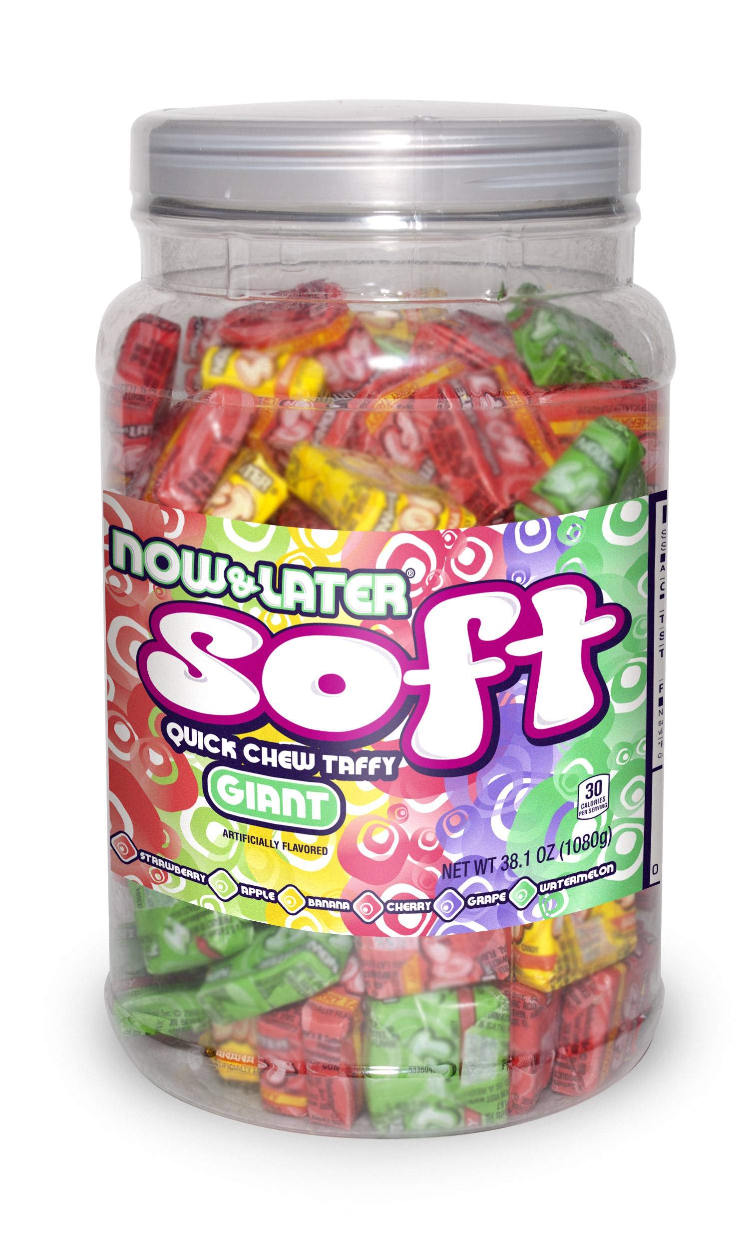 Now and Later Soft Chew Taffy Candy - Giant Assorted Flavors Jar (38.1 oz, 6-Pack Case) | Bulk Candy for Parties, Halloween Treats & Office Snacks
