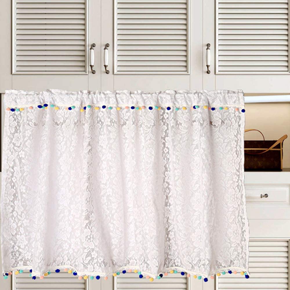 Sheer Lace Tier Curtains for Kitchen & Bedroom Windows - Semi Transparent Short Valances (55