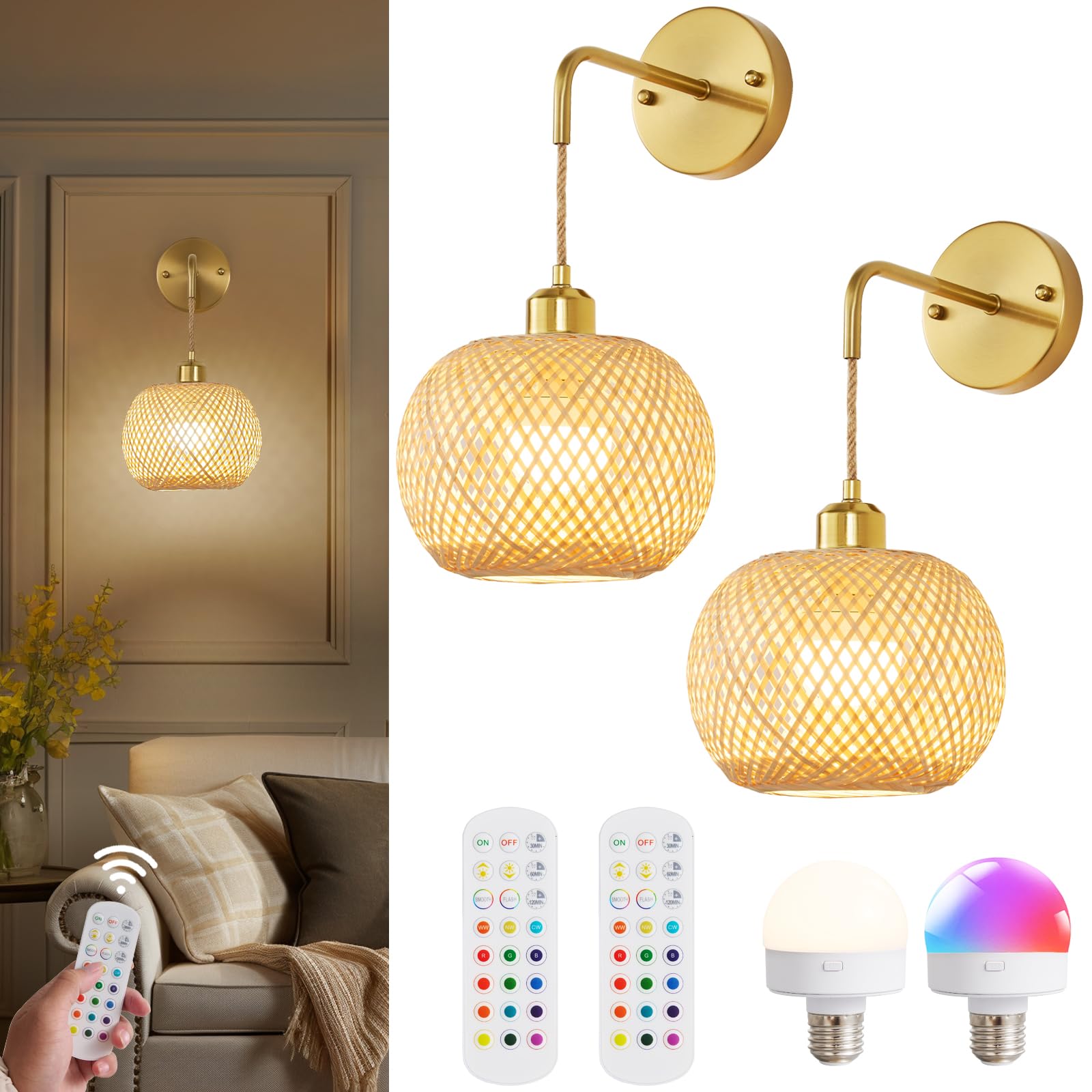 Gold Battery Operated Wall Sconces Set of 2 with Remote - Rechargeable Rattan Wireless Wall Lights for Bedroom, Living Room, Farmhouse - 15 Color Dimmable LED Boho Lighting Fixtures for Home Decor & Ambiance