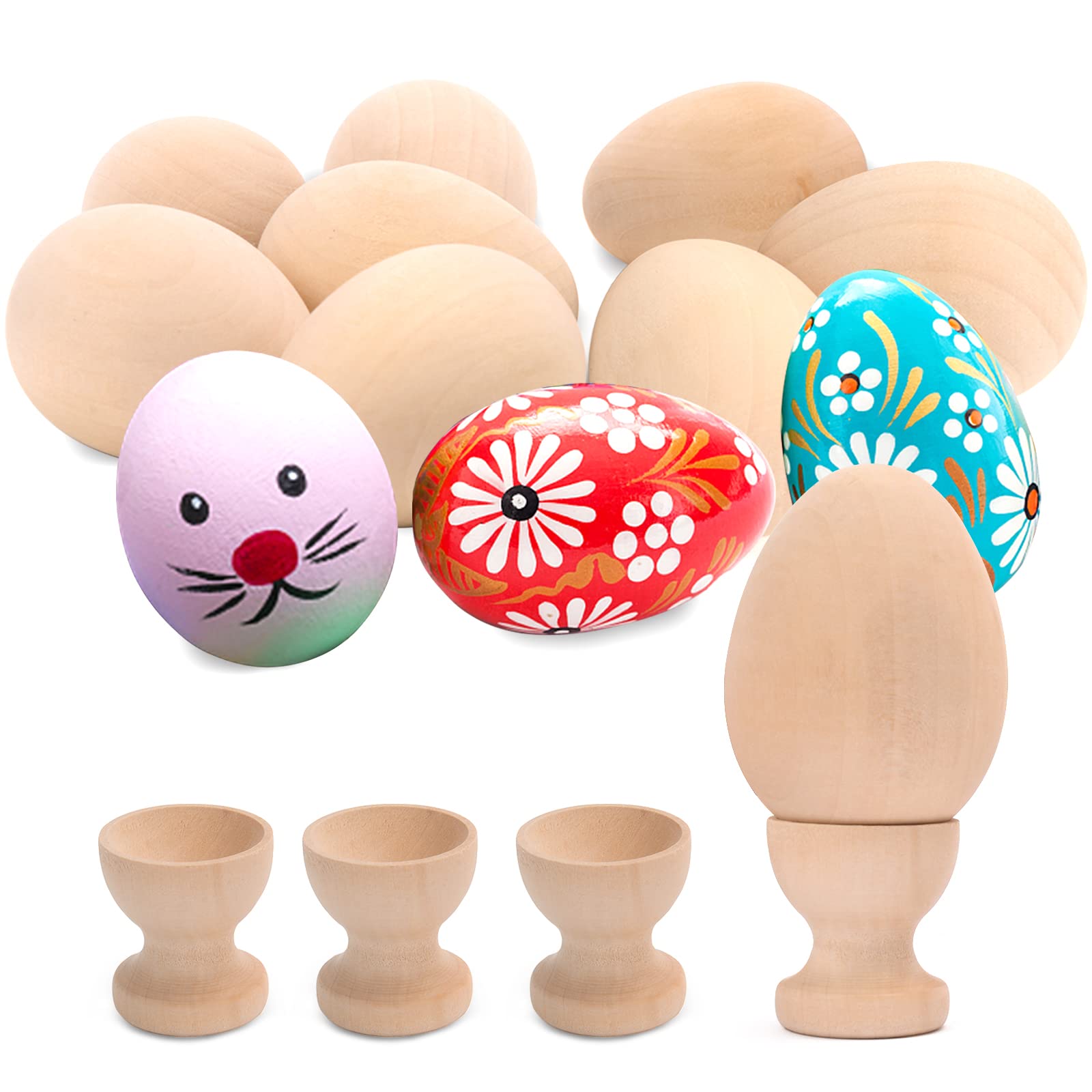 Narremcoy 32 PCS Unpainted Wooden Easter Eggs with 4 Wooden Egg Holders - DIY Craft Supplies for Easter Decorations, Home Party, and Spring Holiday Celebrations