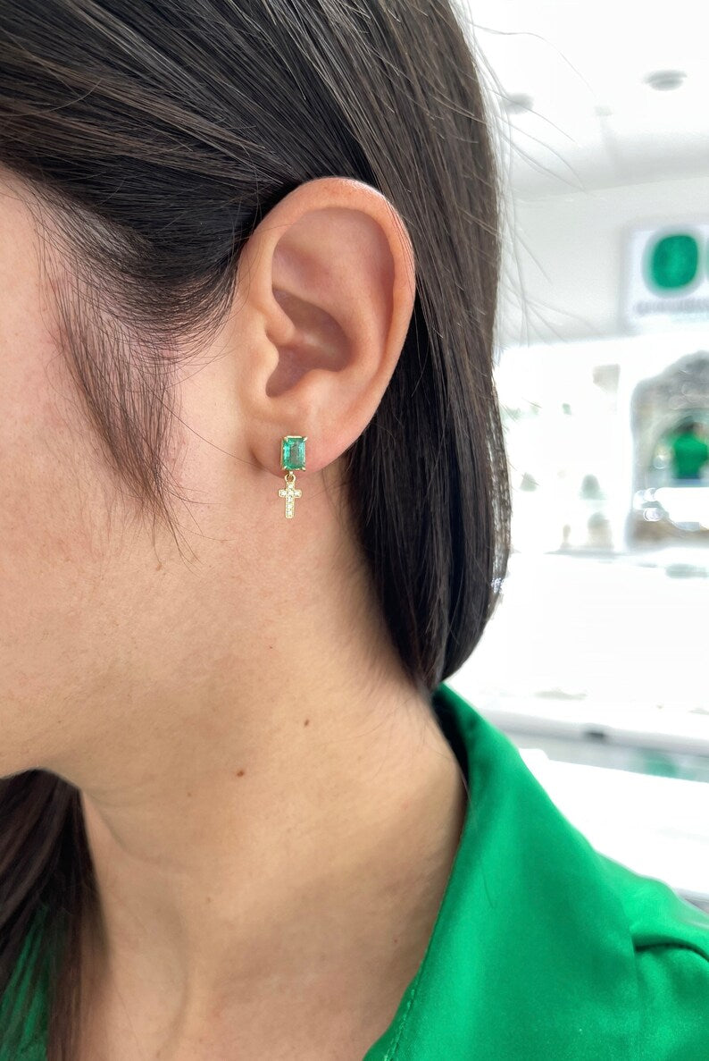 14K Gold Emerald and Diamond Cross Dangle Stud Earrings (1.65tcw) - Elegant Religious Jewelry for Women, Perfect for Church, Weddings & Special Occasions