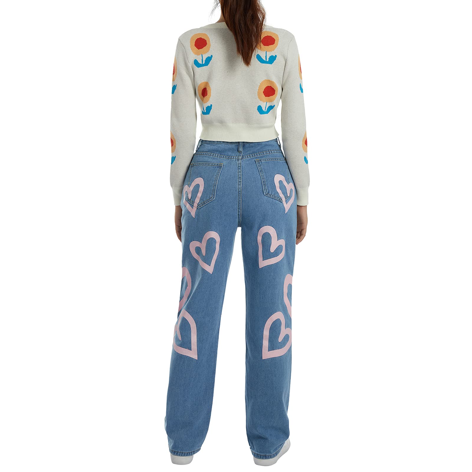 FOMOYUU Women's High Waist Loose Fit Printed Jeans - Y2K Retro Straight Leg Wide Pants for Streetwear & Casual Outfits | Perfect for Daily Wear, Parties, and Fashion Street Style