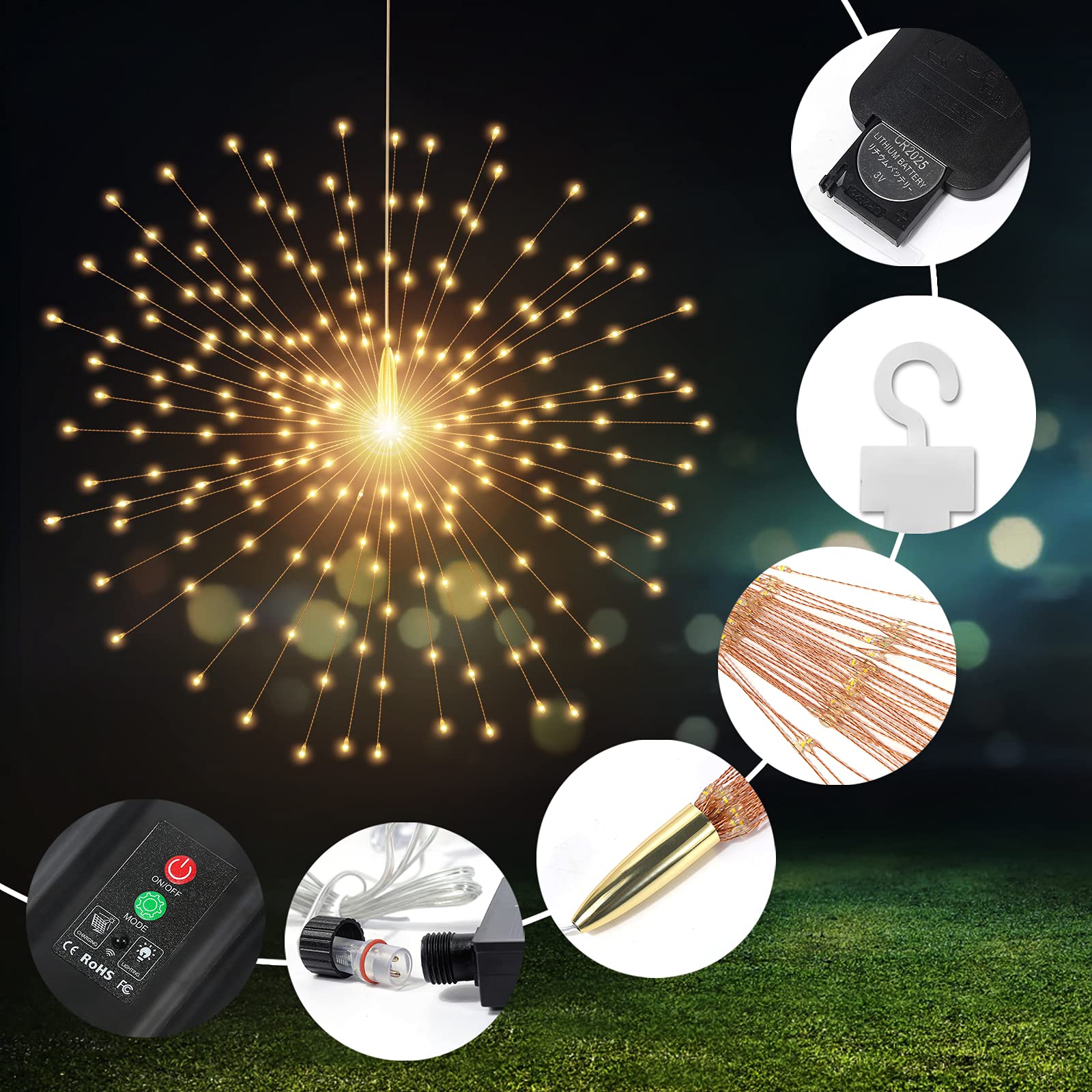 3 Pack 600 LED Solar Starburst Sphere Lights with Remote Control - 8 Modes Dimmable Waterproof Hanging Fairy Lights for Outdoor Patio, Garden, Christmas, Party & Wedding Decor (Warm White)