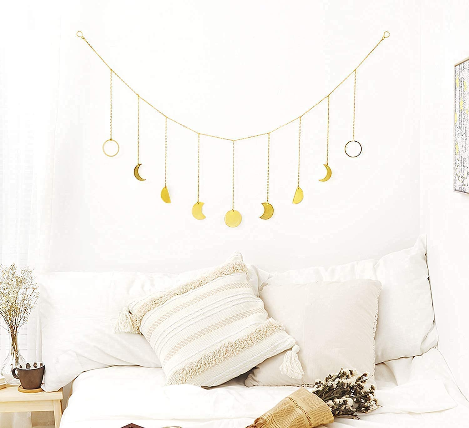 Boho Moon Phase Wall Decor & Wood Floating Shelves Set of 3 - Modern Metal Wall Hanging & Wooden Shelf for Bedroom, Living Room, Nursery, Dorm - Perfect for Home Decor, Gift Giving & Small Space Organization