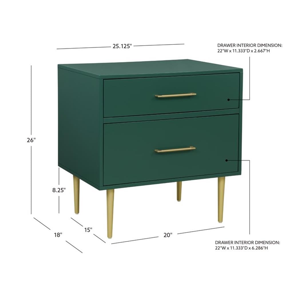 Linon Dylan Dark Green Wood Nightstand with 2 Drawers & Gold Accents - Modern Bedside Table for Bedroom, Guest Room or Dorm (18.5