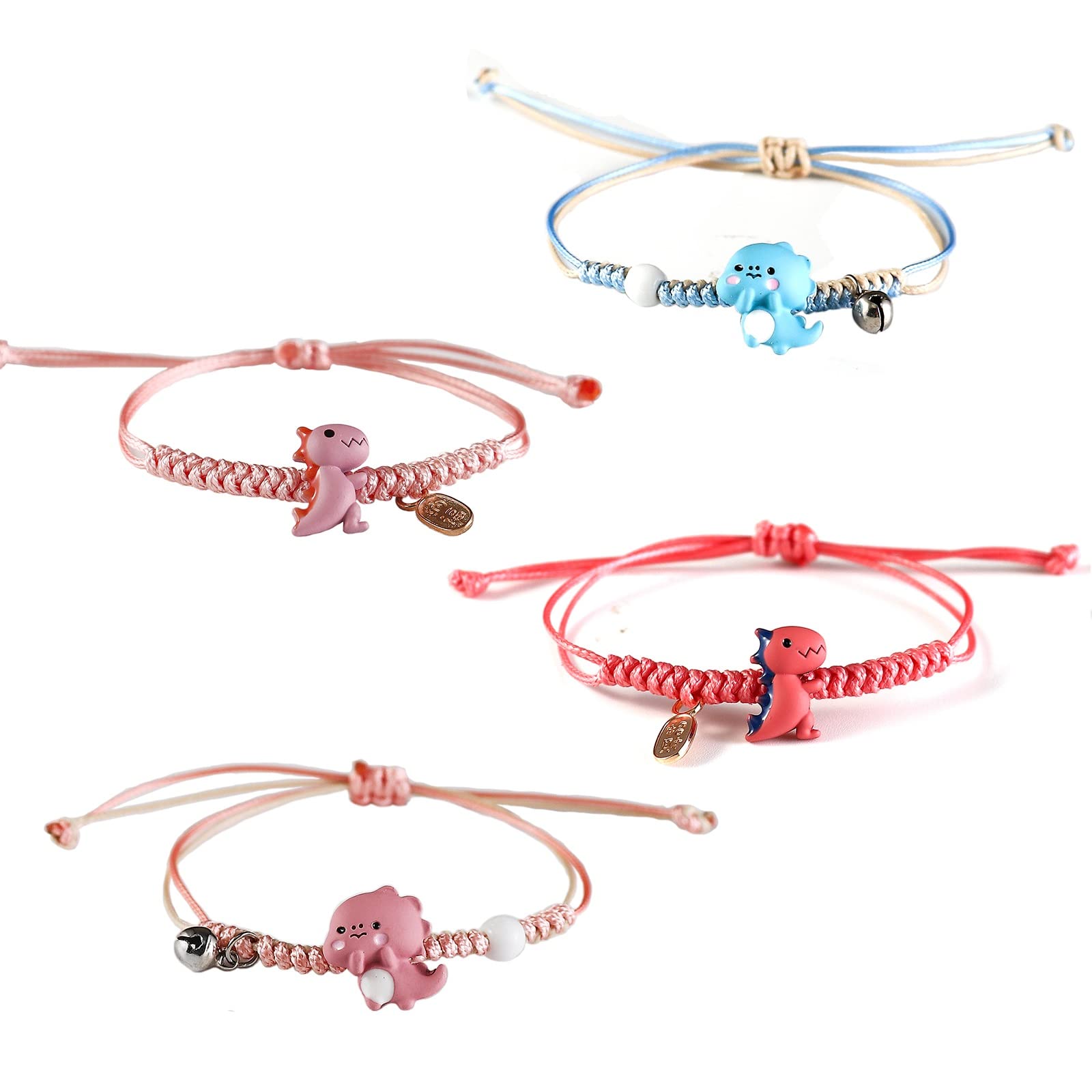 Cute Dinosaur Friendship Bracelets for Girls - Pack of 4 Matching Couple Bracelets, String Anklet & Chain Rope Jewelry Set for Kids & Teens | Perfect for Best Friends, Birthday Gifts & Everyday Wear
