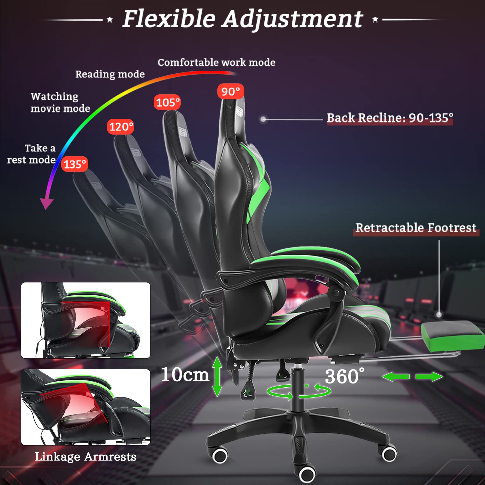 Ergonomic Gaming Chair with Massage, RGB LED Lights & Adjustable Footrest - High Back Computer Chair with Lumbar Support & Linkage Armrest (Green/Black) - Perfect for Esports, Streaming & Home Office Setup