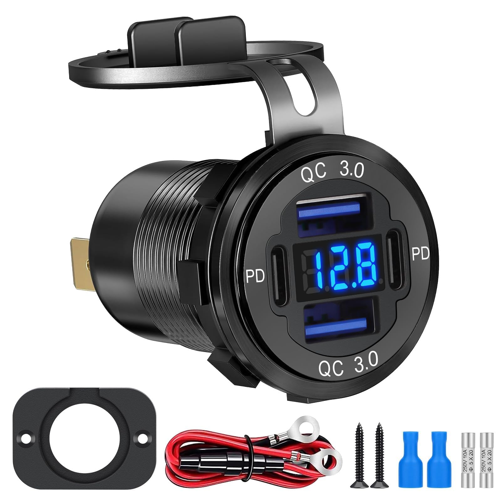 Linkstyle Dual PD Type C & Dual QC3.0 USB Car Charger Socket with LED Voltmeter - Fast Charging Power Outlet Panel for RV, Car, Boat | Perfect for Road Trips & Marine Adventures