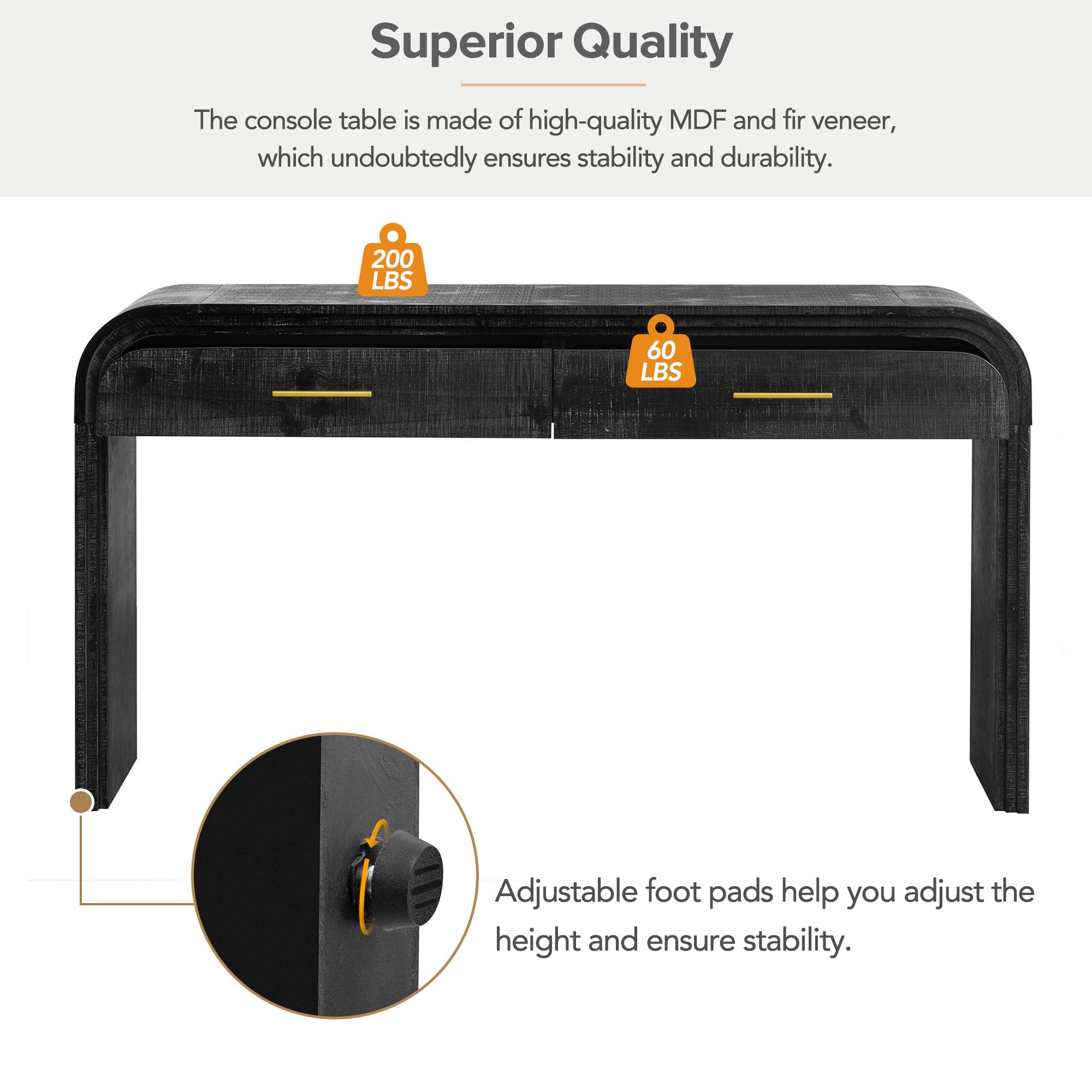 Farmhouse Style Curved Entryway Console Table with 2 Drawers & Open Shelf - Antique Black Sofa Table for Living Room, Hallway & Foyer Decor - Perfect for Small Spaces & Home Entryway Organization