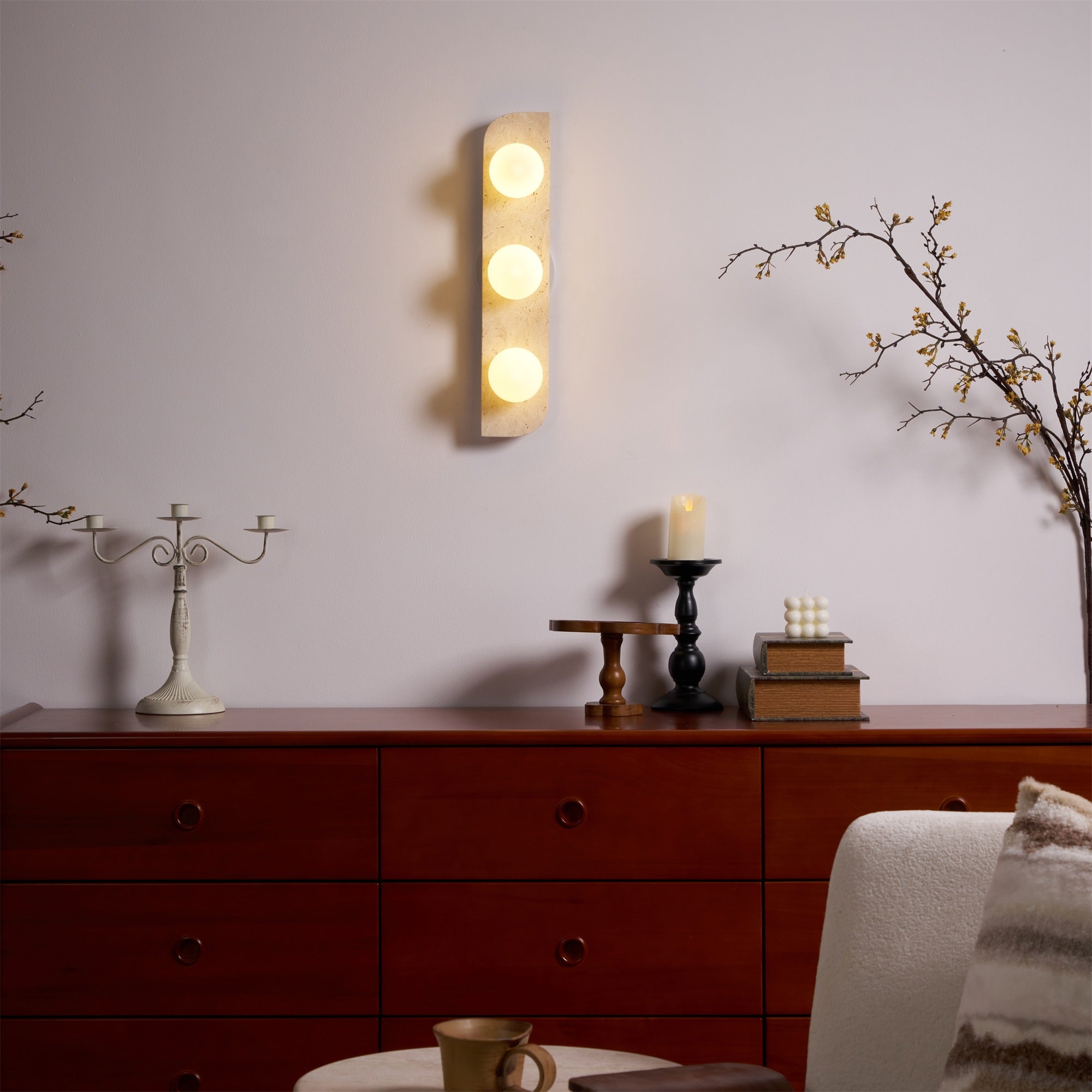 Elysian Travertine Plug-in Wall Sconce - Modern Plug in Wall Light Fixture for Bedroom, Living Room & Hallway Lighting Decor