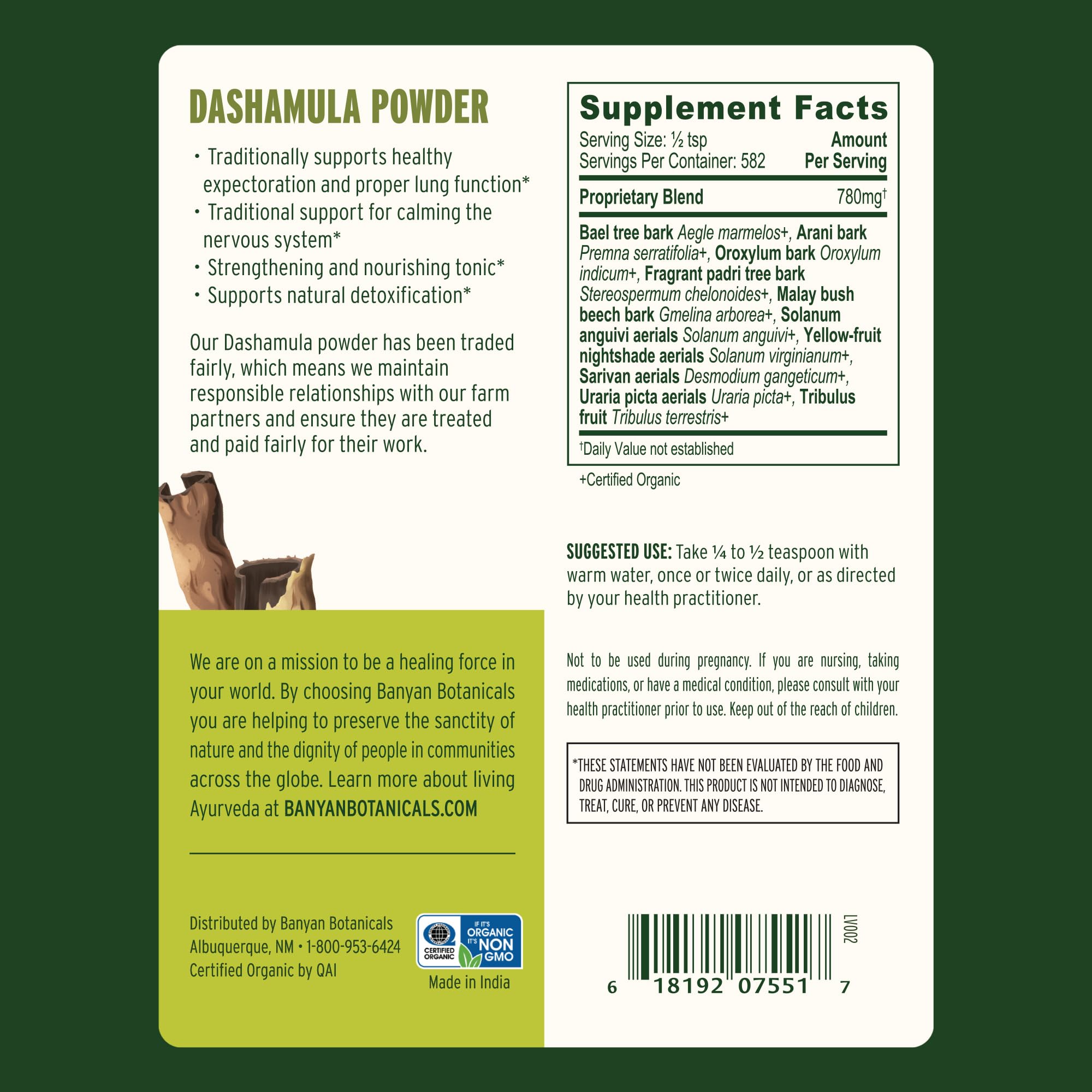 Banyan Botanicals Dashamula Powder - Organic Ayurvedic Stress Relief Supplement with Gokshura & Bilva Fruit - 1 lb - Certified Organic, Non-GMO, Vegan, Gluten Free - Supports Relaxation & Sleep for Busy Lifestyles