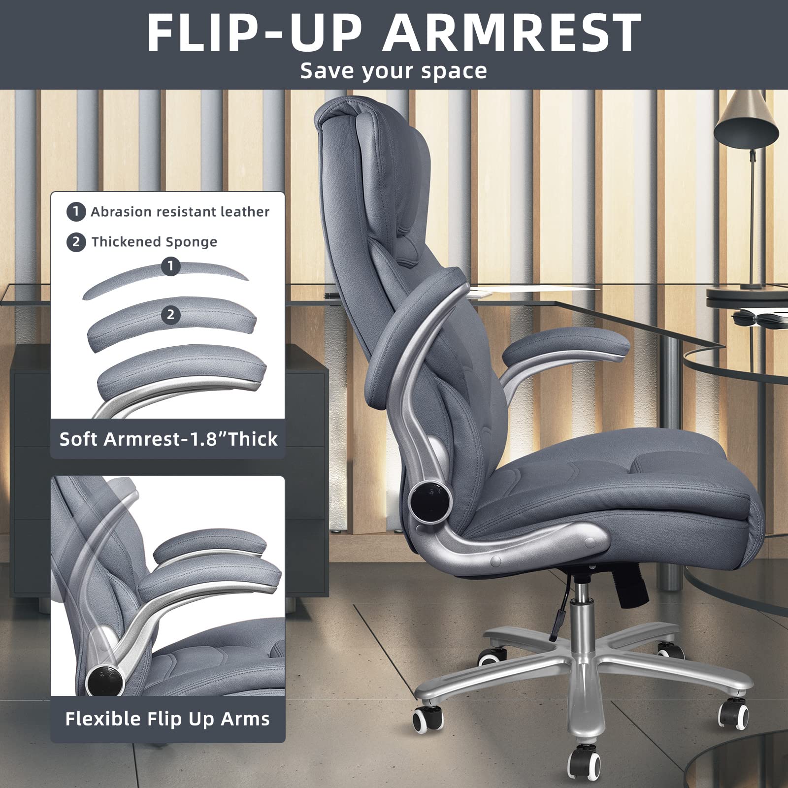 Premium Big and Tall Executive Office Chair for Heavy People up to 400lbs - Wide Seat High Back Leather Desk Chair with Lumbar Support & Adjustable Armrests - Ergonomic Grey/Blue Chair for Home Office, Conference Rooms & Executive Suites