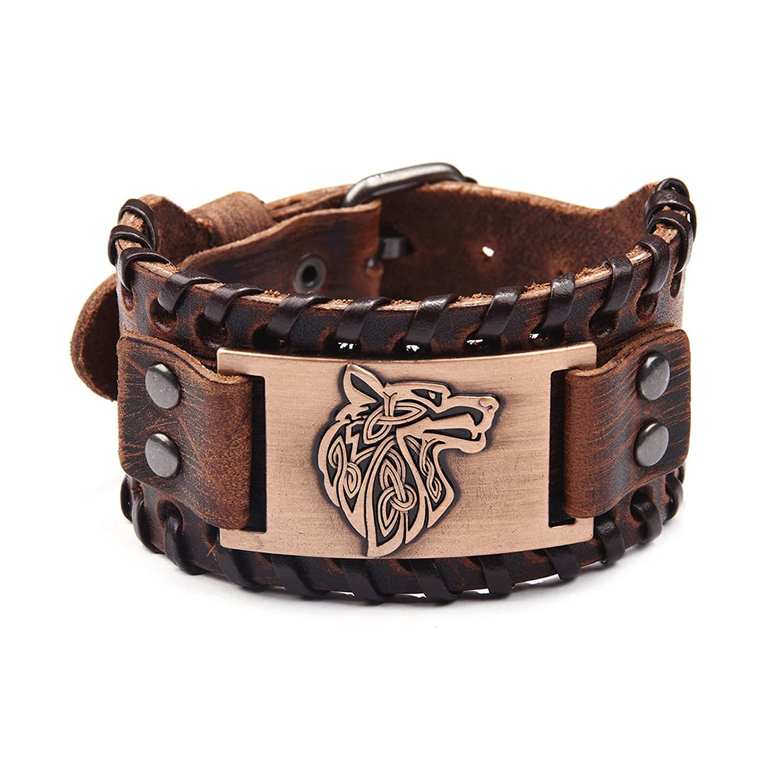 Wide Leather Braided Bracelet with Wolf Design - Adjustable Medieval Punk Cuff Bangle for Men & Women | Stainless Steel Buckle Wristband | Perfect for Viking Cosplay, Hip Hop Fashion & Gothic Jewelry Collection