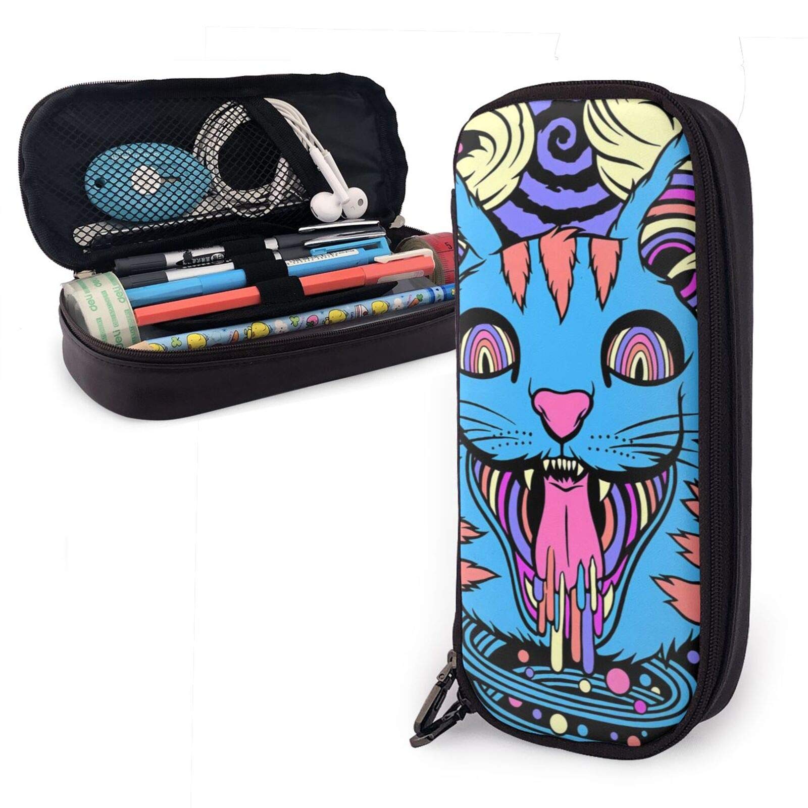 Psychedelic Cat Pencil Case - Large Capacity Leather Organizer for School & Office Supplies