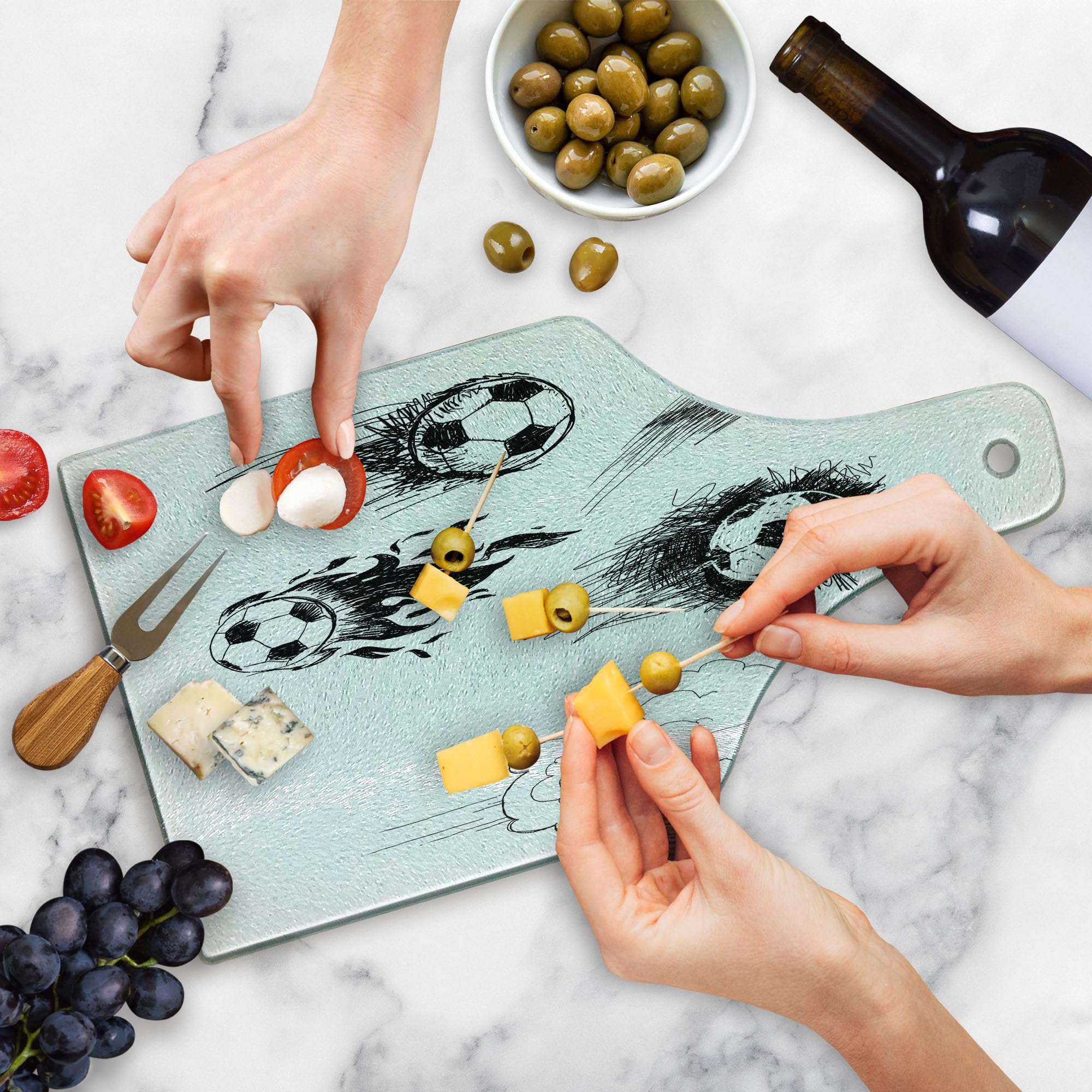 Ambesonne Soccer Themed Tempered Glass Cutting Board - Round Soccer Ball Art Sketch, Decorative Serving Board for Kitchen & Entertaining - Perfect for Wine Bottle Display, Game Day Parties & Soccer Gifts (White & Black)