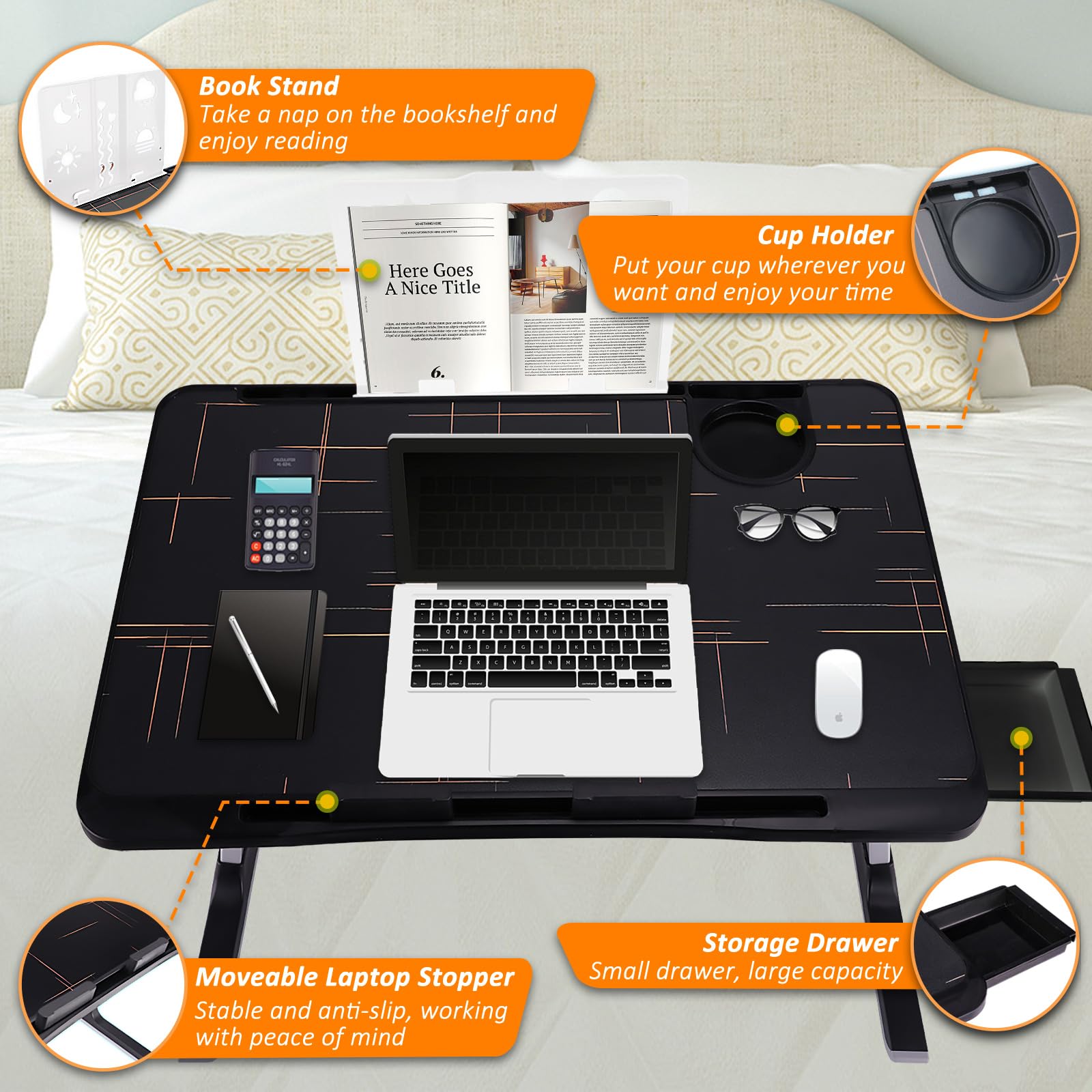 Adjustable Folding Lap Desk for Bed & Sofa - Portable Laptop Stand with Storage Drawer, Cup Holder & Bookstand - Perfect for Working, Eating, Writing in Bed, Couch or Floor (Home Office & Study Essential)