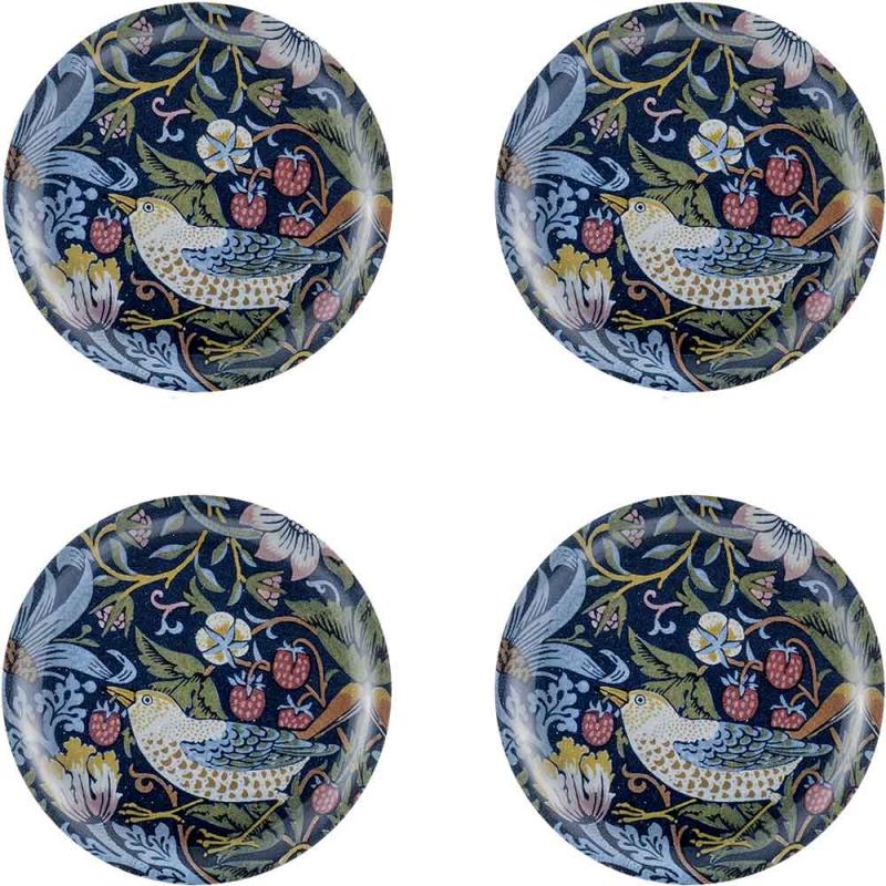 William Morris Strawberry Thief Glass Coasters Set of 4 - Elegant Vintage Floral Drink Coasters for Home Decor, Dining Table, and Party Use