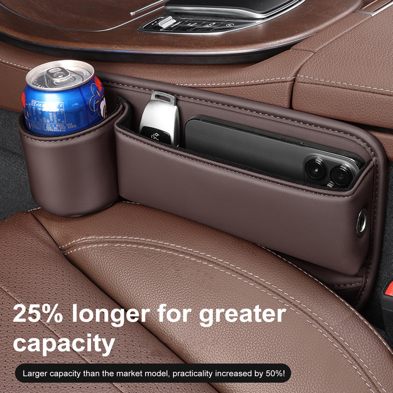 Premium Car Leather Cup Holder Gap Bag - Large Capacity Seat Gap Storage Box & Adjustable Seat Filler with Cup Holder - Beige (Left Side) - Perfect for Organizing Phones, Keys, Wallets & Snacks While Driving