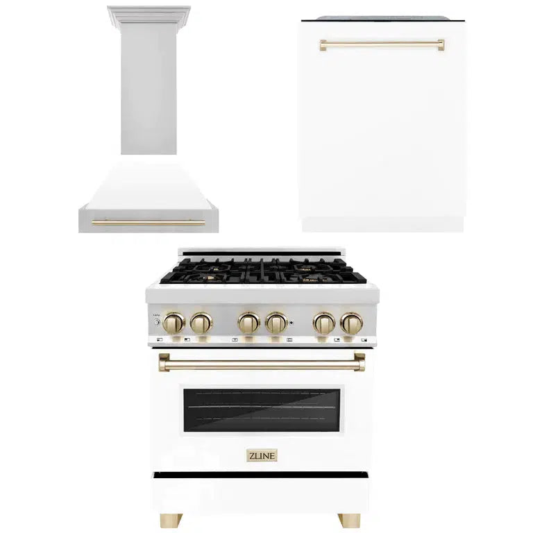 ZLINE Autograph Edition 30-inch Stainless Steel Dual Fuel Range with White Matte Door, Range Hood & Dishwasher - Polished Gold Accents (3AKP RAWMRHDWM30 G) | Premium Kitchen Package for Modern Homes & Gourmet Cooking