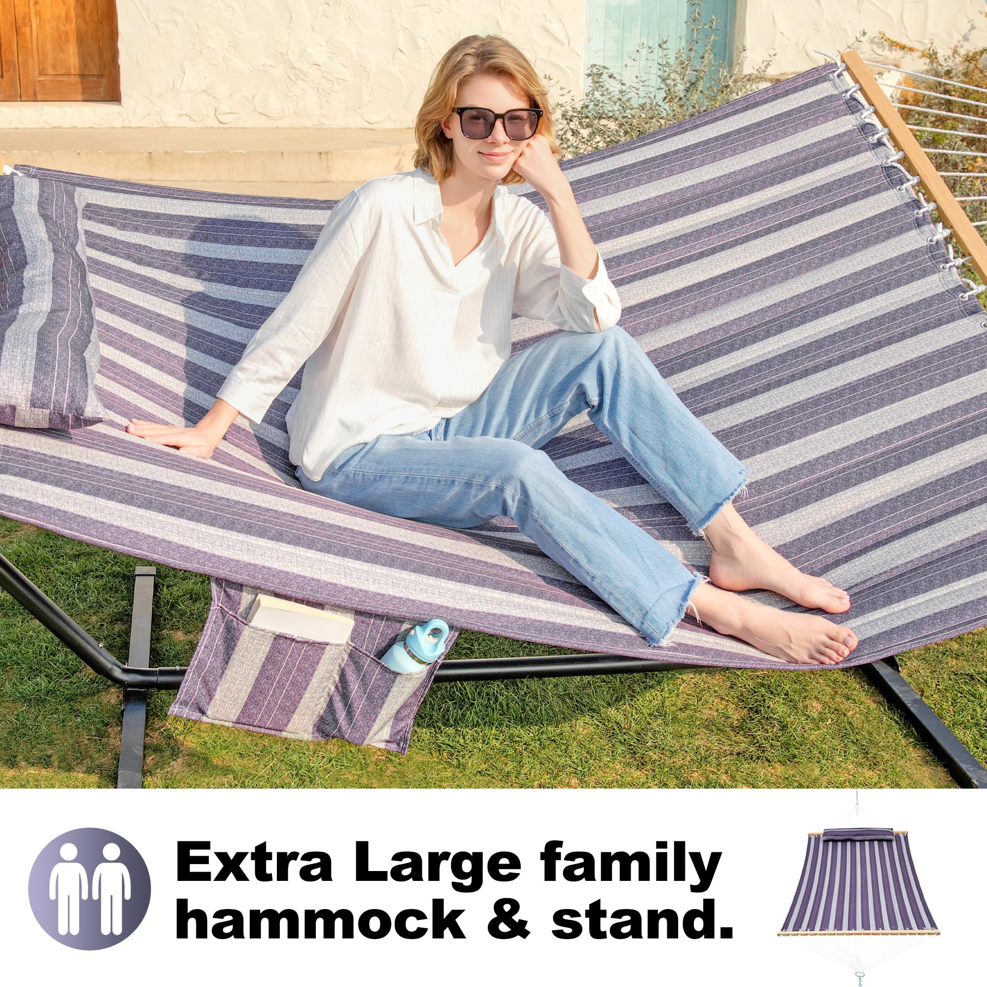 2 Person Hammock with Stand for Outdoor Camping & Backyard Relaxation - 12ft Heavy Duty Steel Frame, Double Hammock with Hardwood Spreader Bar, Large Removable Pillow & Side Pockets - Supports 475 lbs - Perfect for Patio, Garden, Beach & Camping Trips