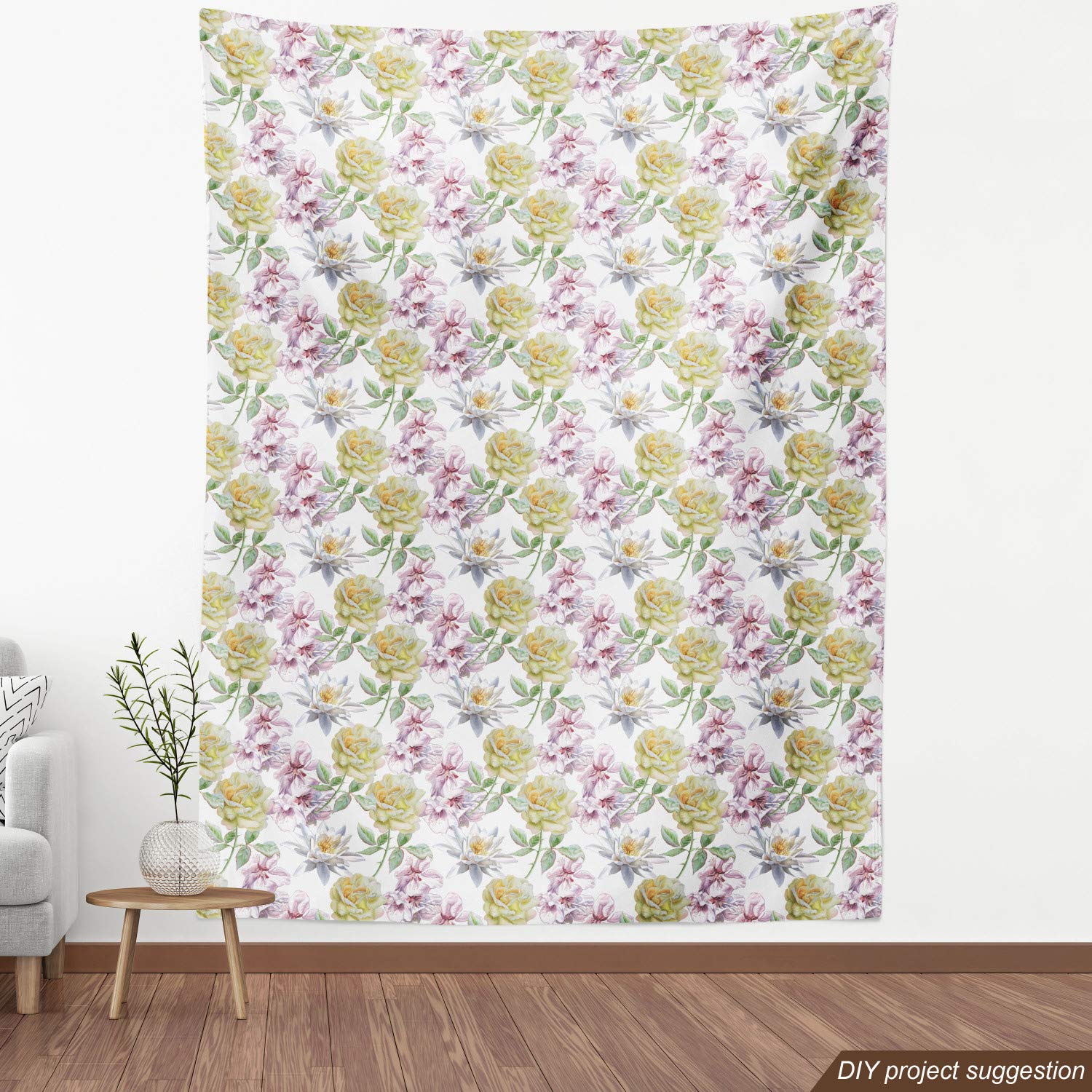 Ambesonne Floral Fabric by The Yard - Rose Petals Sakura Lily Flowers Design for Upholstery, Curtains & DIY Home Decor | 10 Yards Fern Green Pale Pink | Perfect for Bedding, Pillows & Craft Projects