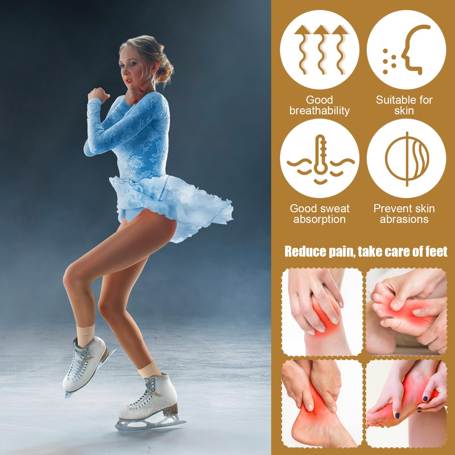 Premium Ice Skating Socks - Padded Ankle Support Sleeves with Breathable Sweat-Wicking Fabric for Figure Skates, Hockey Skates & Boots (Beige) - Ideal for Training, Competitions & Injury Prevention