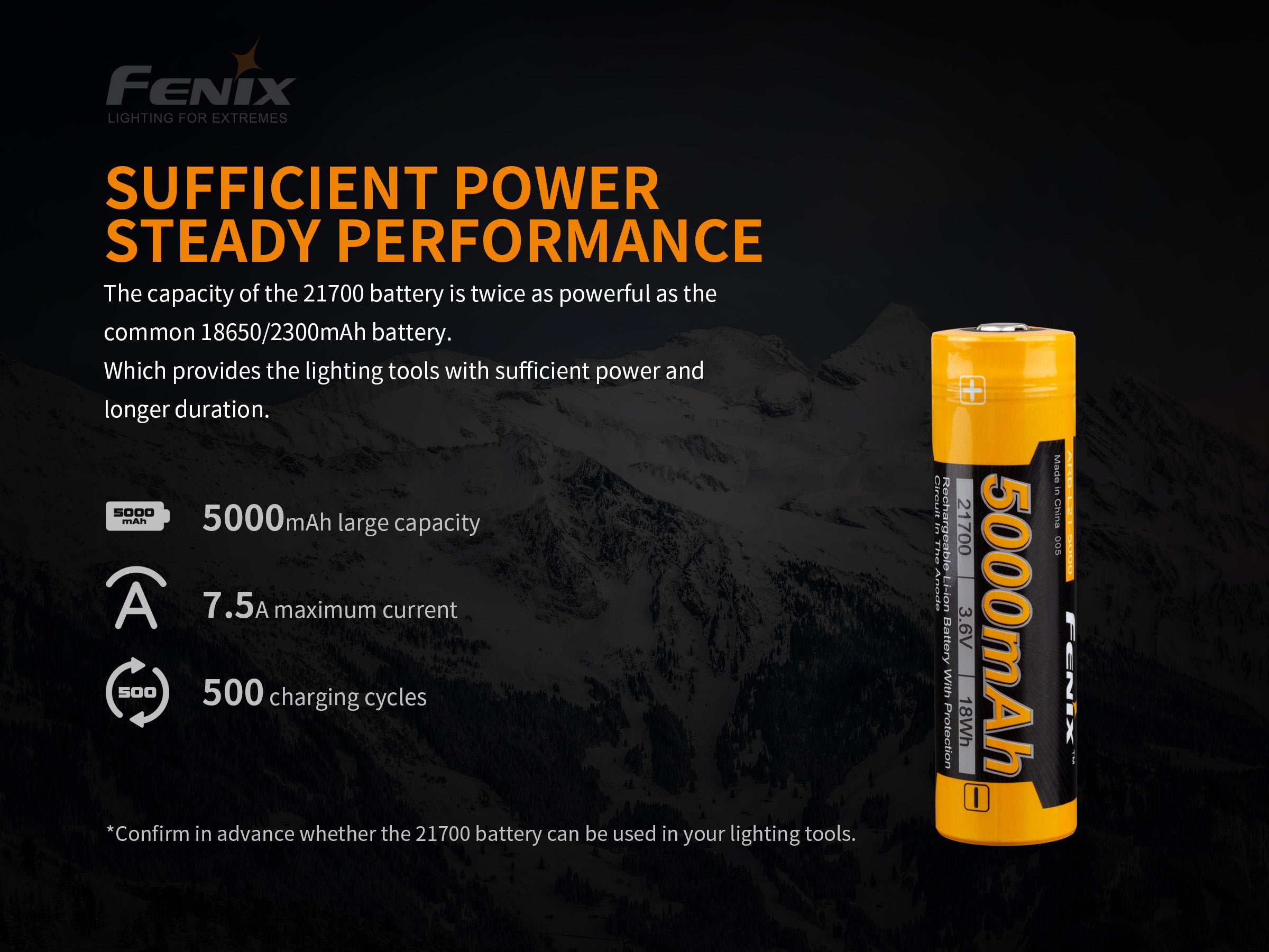 Fenix 21700 Rechargeable Li-ion Battery 5000mAh V2 - High Capacity Power for Flashlights, Headlamps & Outdoor Gear | Long Lasting USB-C Rechargeable Battery for Camping, Hiking & Emergency Preparedness