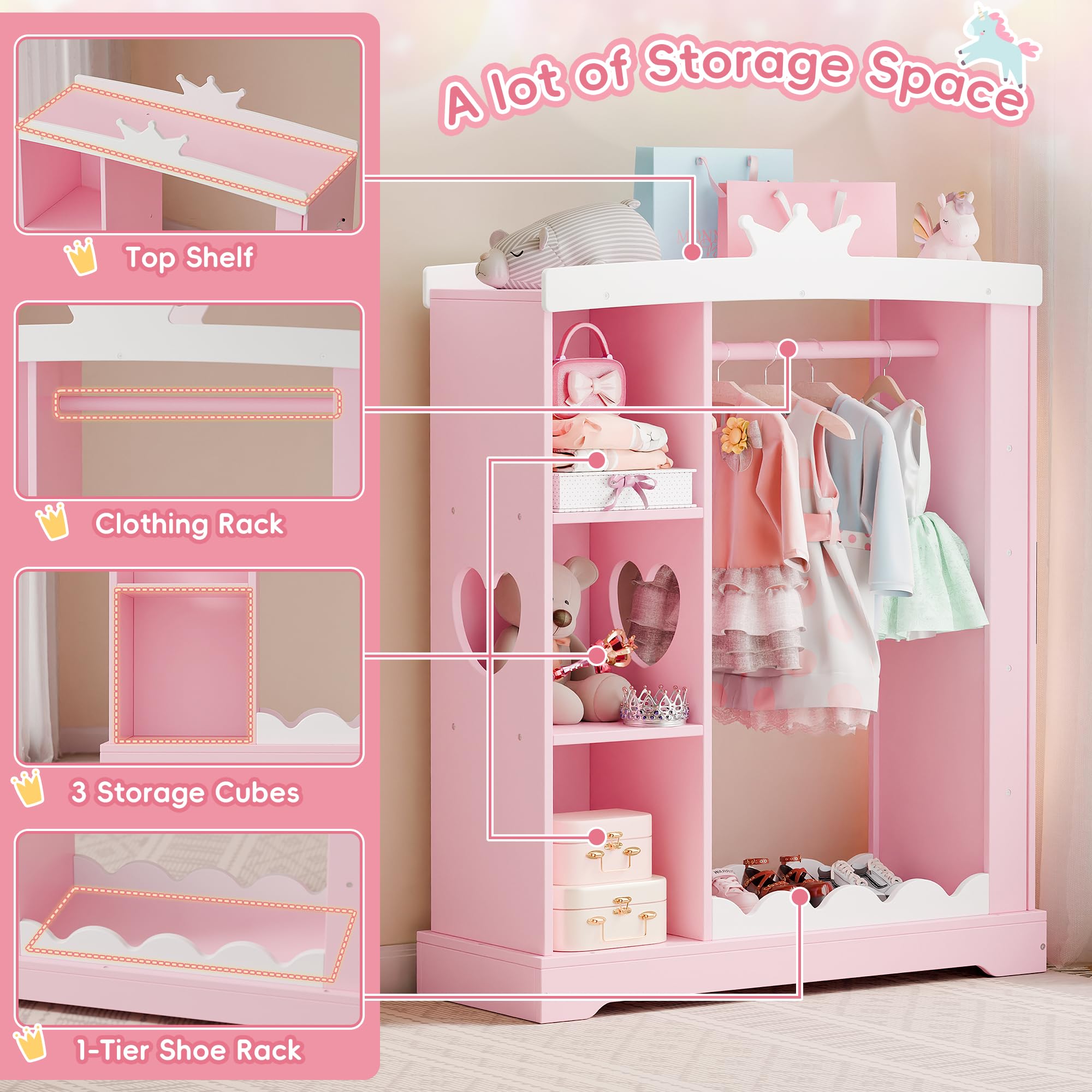 Xilingol Kids Armoire with Jewelry Cabinet & Mirror - Princess Dress Up Storage Wardrobe with Shelves - Pink Costume Organizer for Girls Bedroom & Playroom - Perfect for Birthday Gifts & Pretend Play