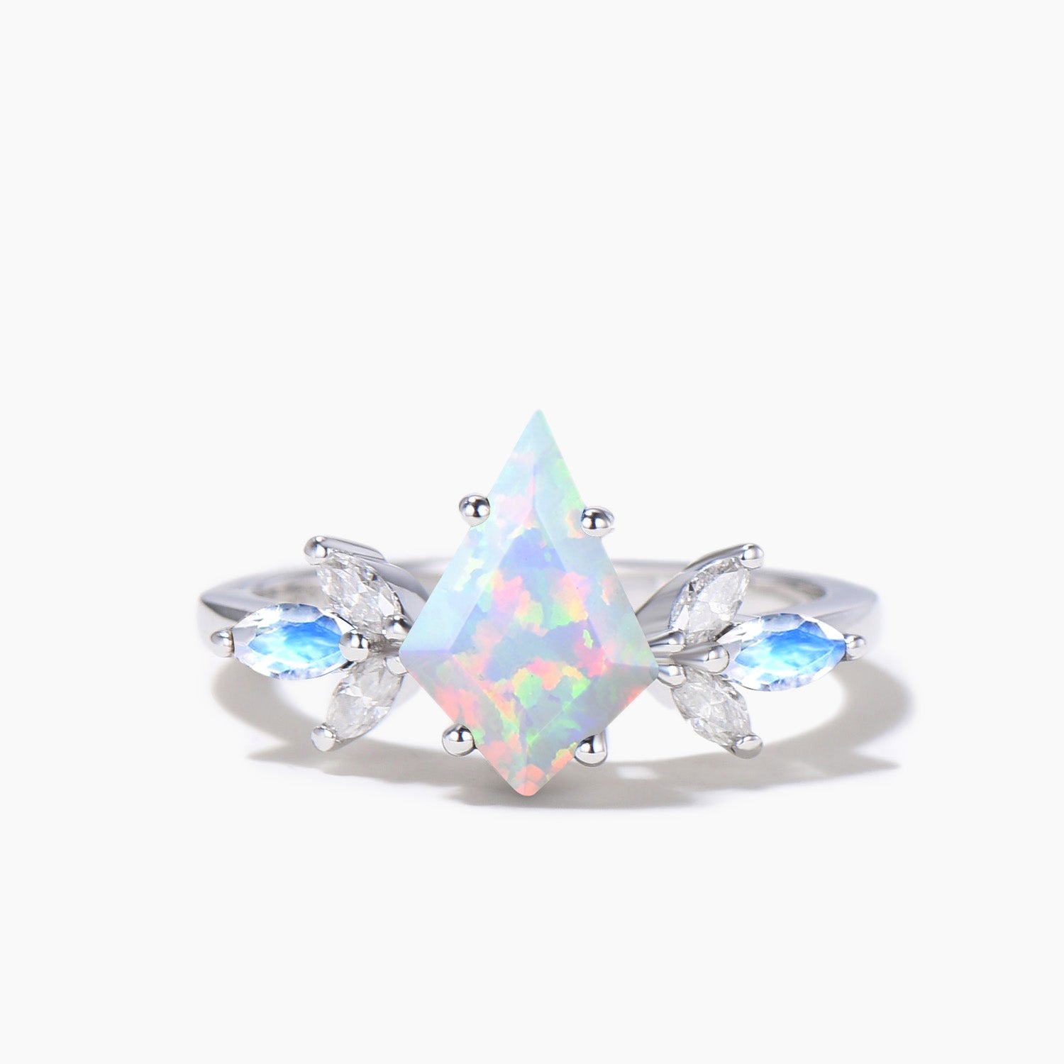 Elegant Kite Cut White Opal Engagement Ring with Moonstone Cluster - Vintage Bridal Wedding Ring Set for Women - Perfect for Proposals, Anniversaries & Romantic Occasions