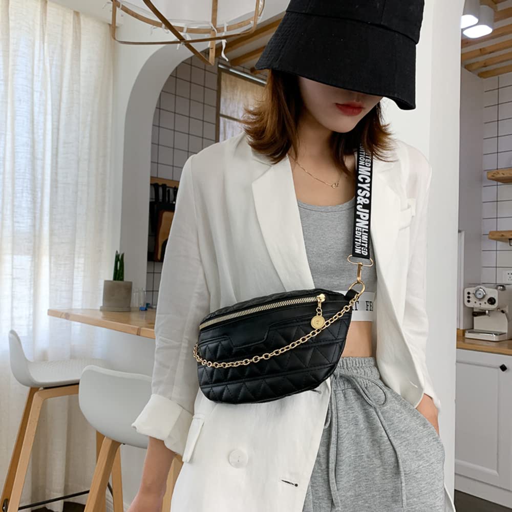 Quilted PU Leather Fanny Pack for Women - Crossbody Waist Bag, Fashion Chest Bag, Casual Belt Purse (Black) - Perfect for Travel, Running, Hiking & Everyday Use