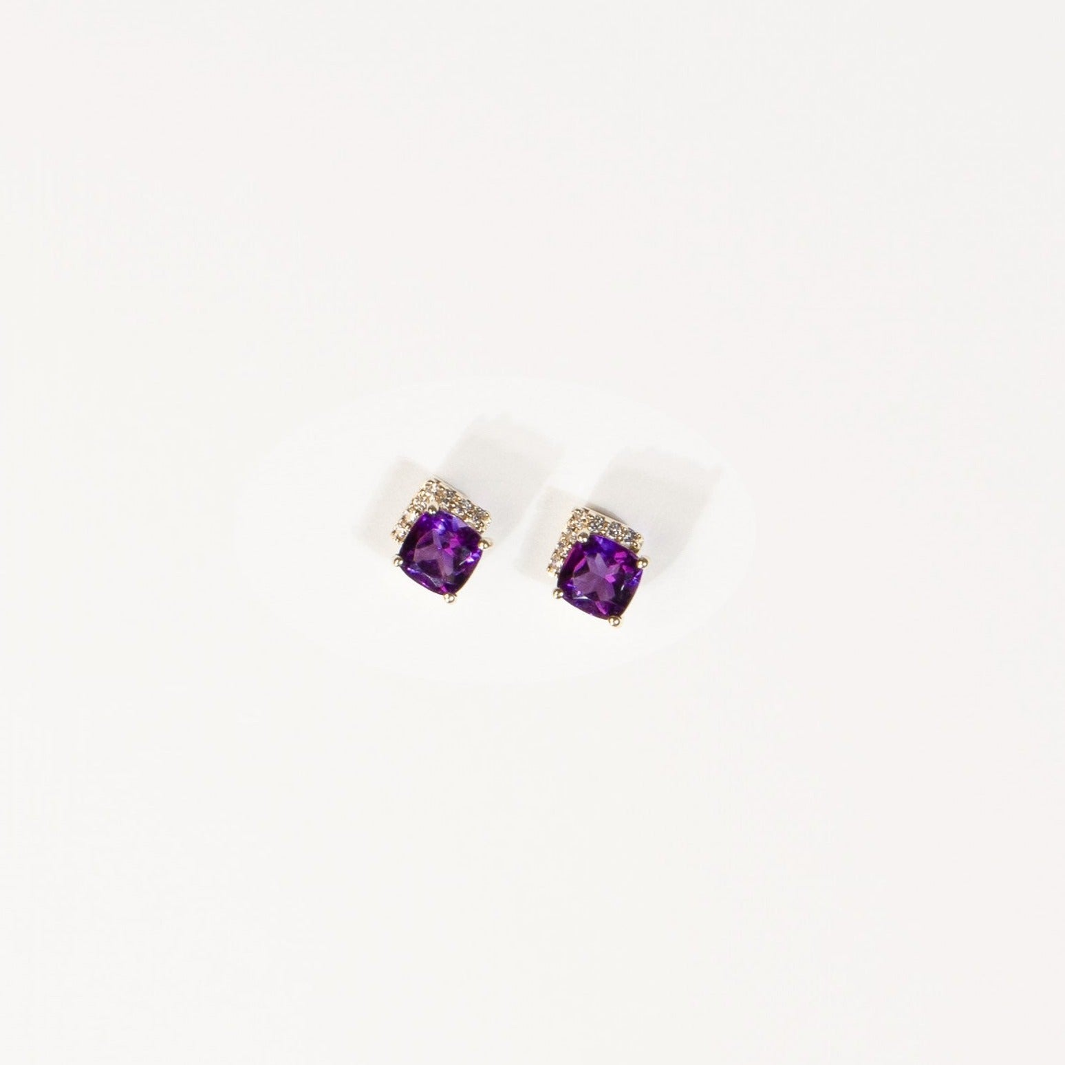 10K Yellow Gold Cushion Cut Amethyst Stud Earrings with White Sapphire Pave - Elegant Purple Gemstone Jewelry for Women, Perfect for Weddings, Parties & Everyday Wear