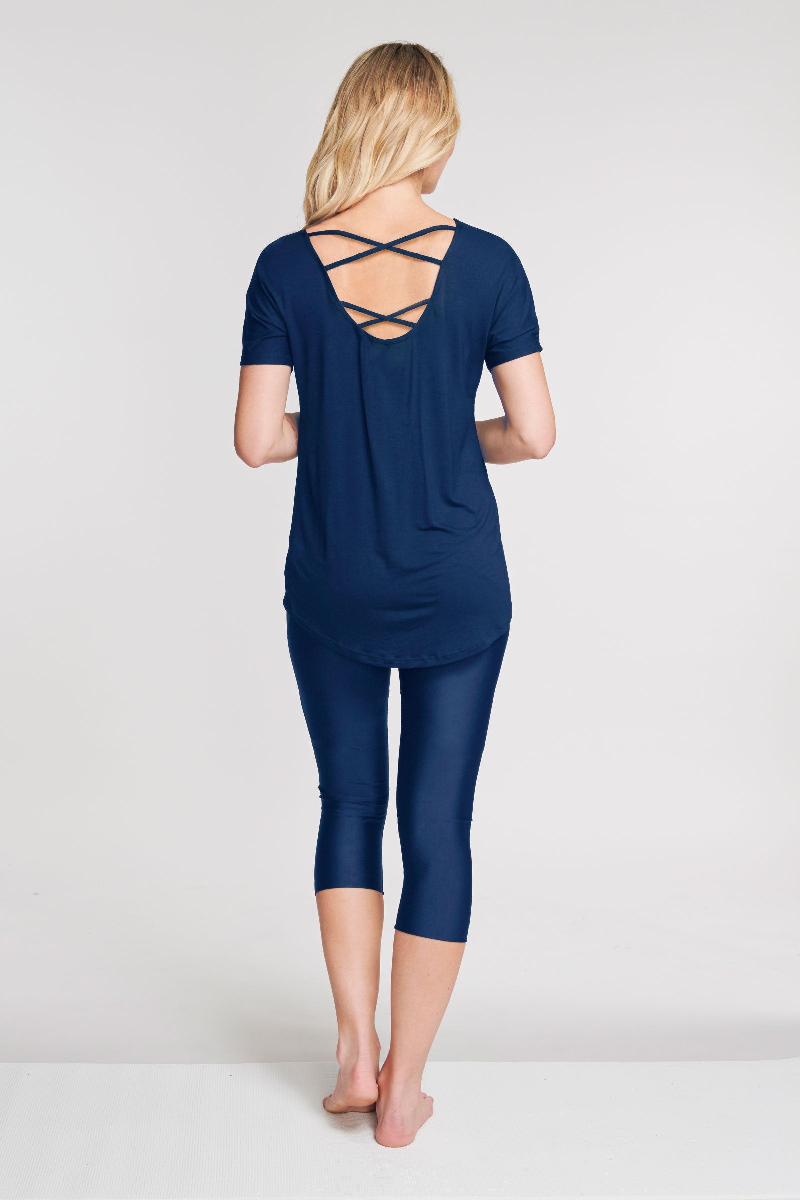 Ultra Soft Scoop Back Lattice Dolman Tee in Solid Navy - Comfortable Women's Casual T-Shirt for Everyday Wear, Lounge & Outfits