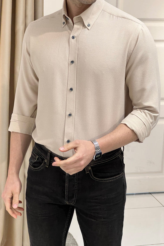 Regular Fit Button-Down Collar Seersucker Cotton Shirt for Men - Breathable Beige Casual Summer Shirt for Office, Travel & Outdoor Activities