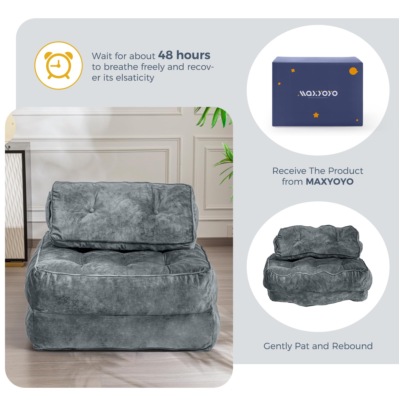 MAXYOYO Velvet Convertible Folding Sofa Bed - Dark Grey Sleeper Chair with Pillow | Portable Fold Out Guest Bed for Small Spaces, Living Room & Dorm Room