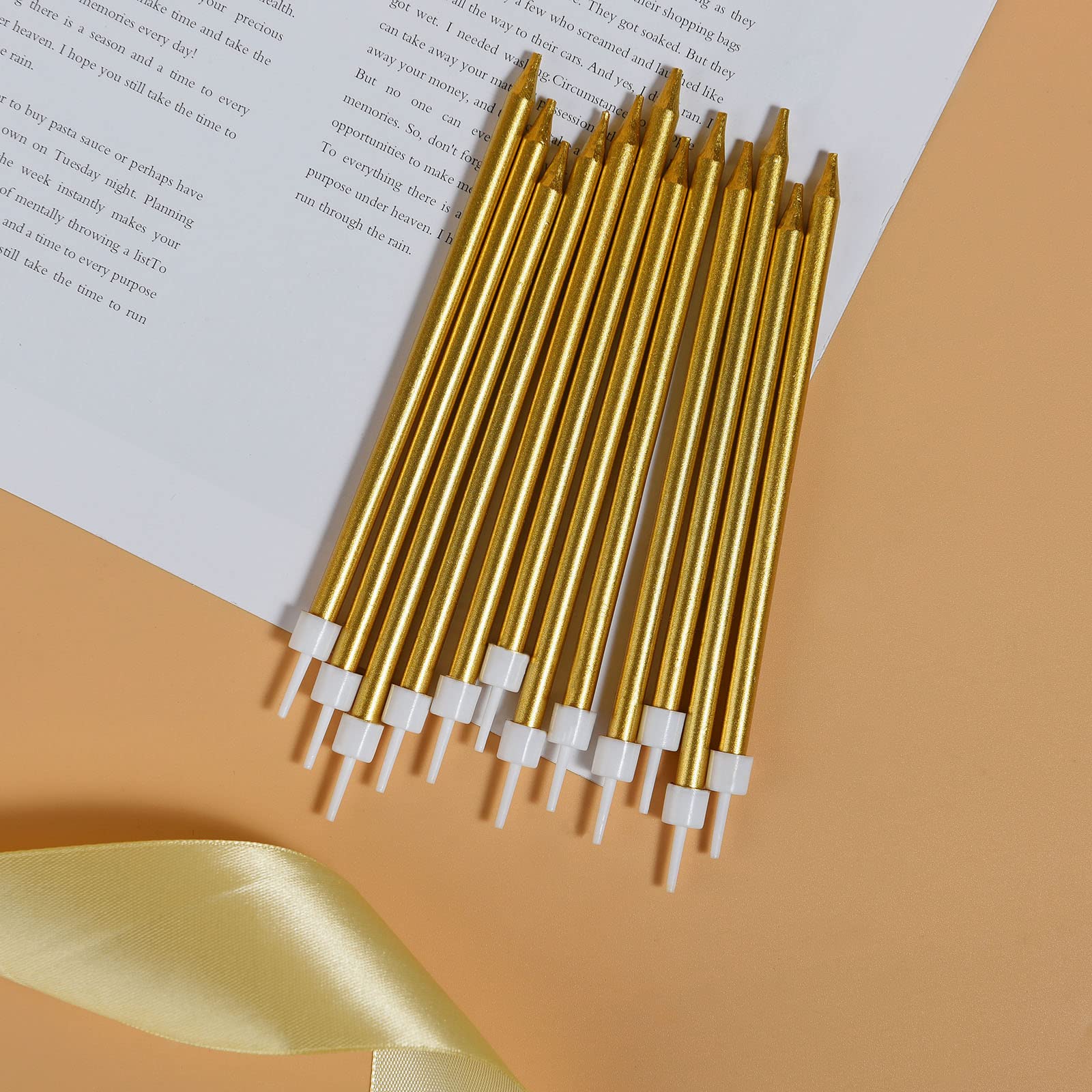 24-Pack Gold Glitter Birthday Candles - Tall Thin Sparkler Cupcake Candles with Holders for Wedding, Party, Anniversary Cake Decorations - Perfect for Birthday Cakes, Cupcakes, and Special Event Desserts